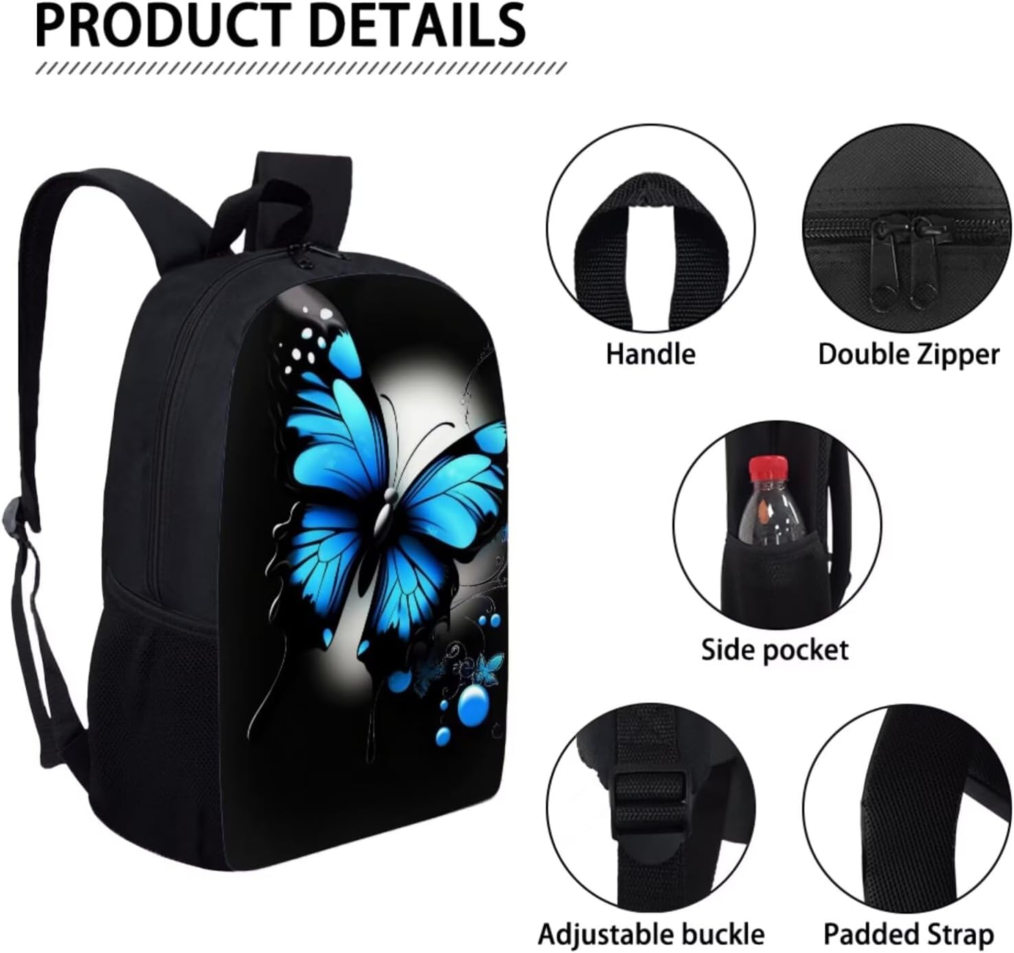 Dolyues 3 in 1 Blue Butterfly Backpack Set for Girls Ages 6-12 - 17 Inch School Bookbag with Insulated Lunch Box & Zipper Pencil Case, Backpacks for Elementary Middle Preschool