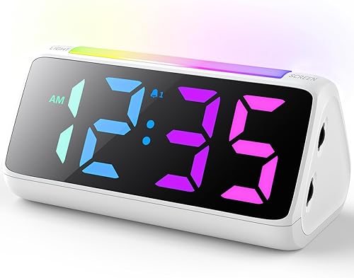 Netzu Digital Alarm Clocks for Bedrooms, Bedside Clocks with RGB Night Light, Rainbow Time, Large Display, USB Charger, Dual Alarm, Snooze, LED Desk