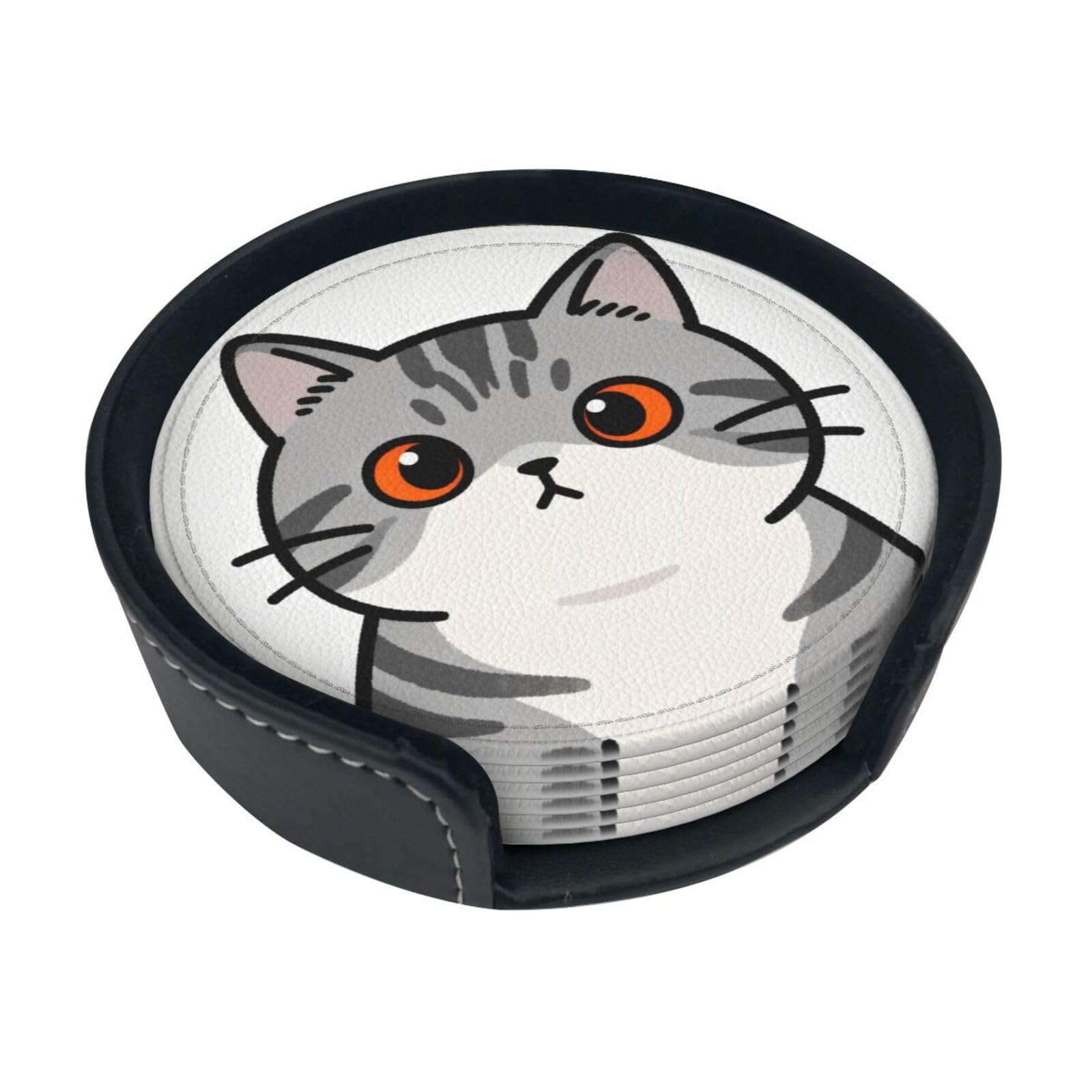 Cntdbu White Tabby Cat Face Leather Coasters Set Of 6-Pu Leather Drink Mats For Table, Heat Resistant Round Coasters With Holder