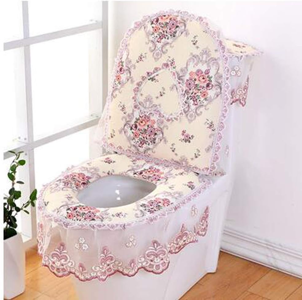 WSHINE Pleuche Lace Toilet Accessories Tank Cover + Lid Cover + Toilet Seat Cover, Set of 3 (8) : Home & Kitchen