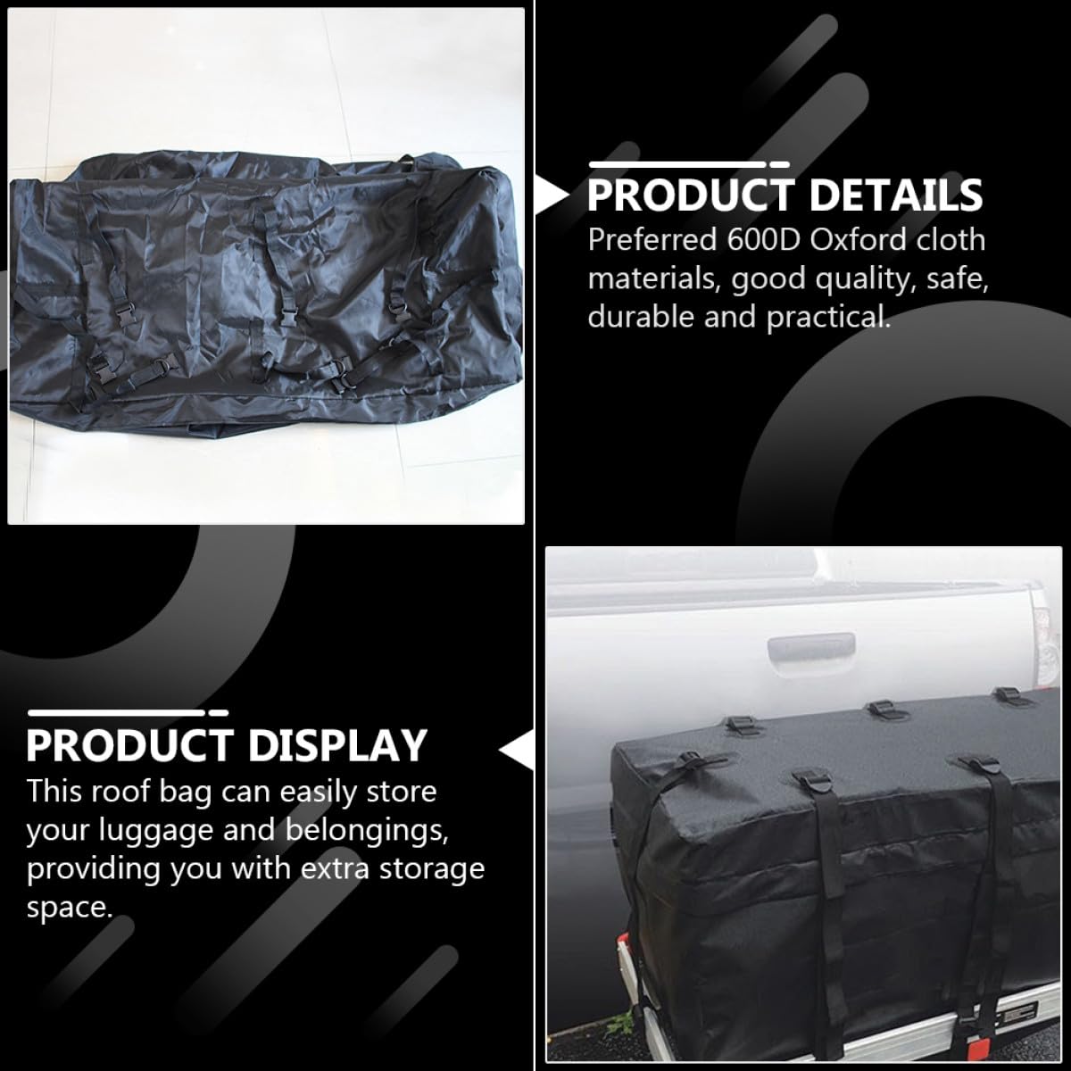SHINEOFI Dachgepäcktasche fürs Auto 600D 120X51X51Cm mit 8 Befestigungsgurten und Doppelreißverschluss für Urlaub und Outdoor Aktivitäten