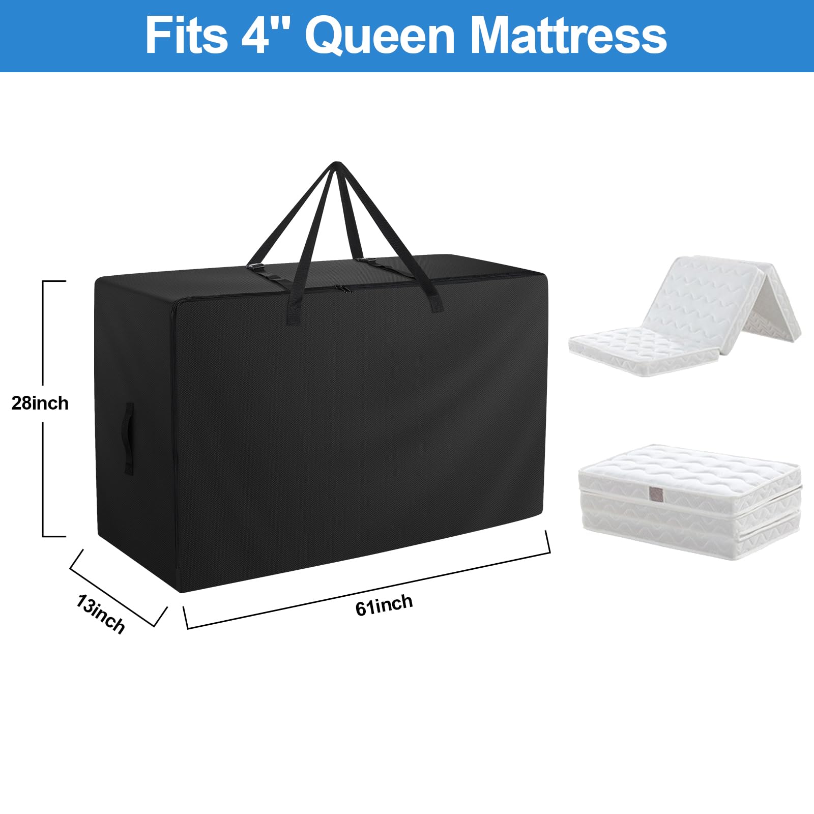 Bolsa de colchón plegable, tela Oxford 600D, funda de transporte resistente para colchón de cama de invitados de tres pliegues (se adapta a colchones Queen de 4 pulgadas, color negro) 2