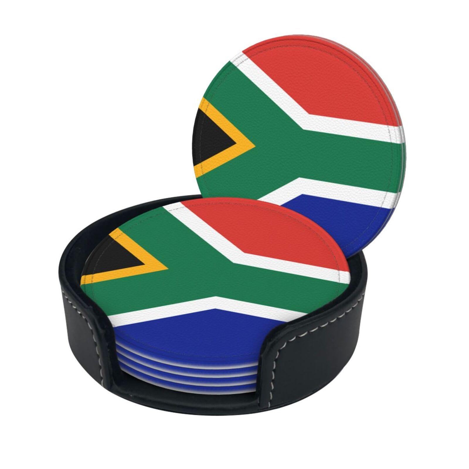 South Africa flag Drink Coasters Set of 6 with Holder Decorative Round Cup Coasters for Coffee Table Kitchen Office Bar