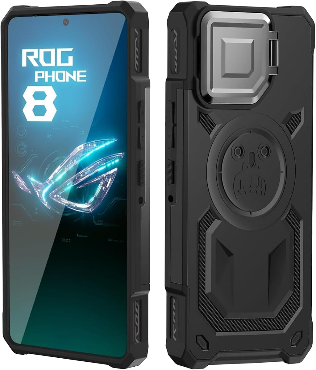 HikerClub Funda para ROG Phone 8 y 8 Pro (2023) con soporte para cámara, compatible con disparador de aire, cubierta de lente incorporada, funda protectora de grado militar a prueba de golpes, color negro