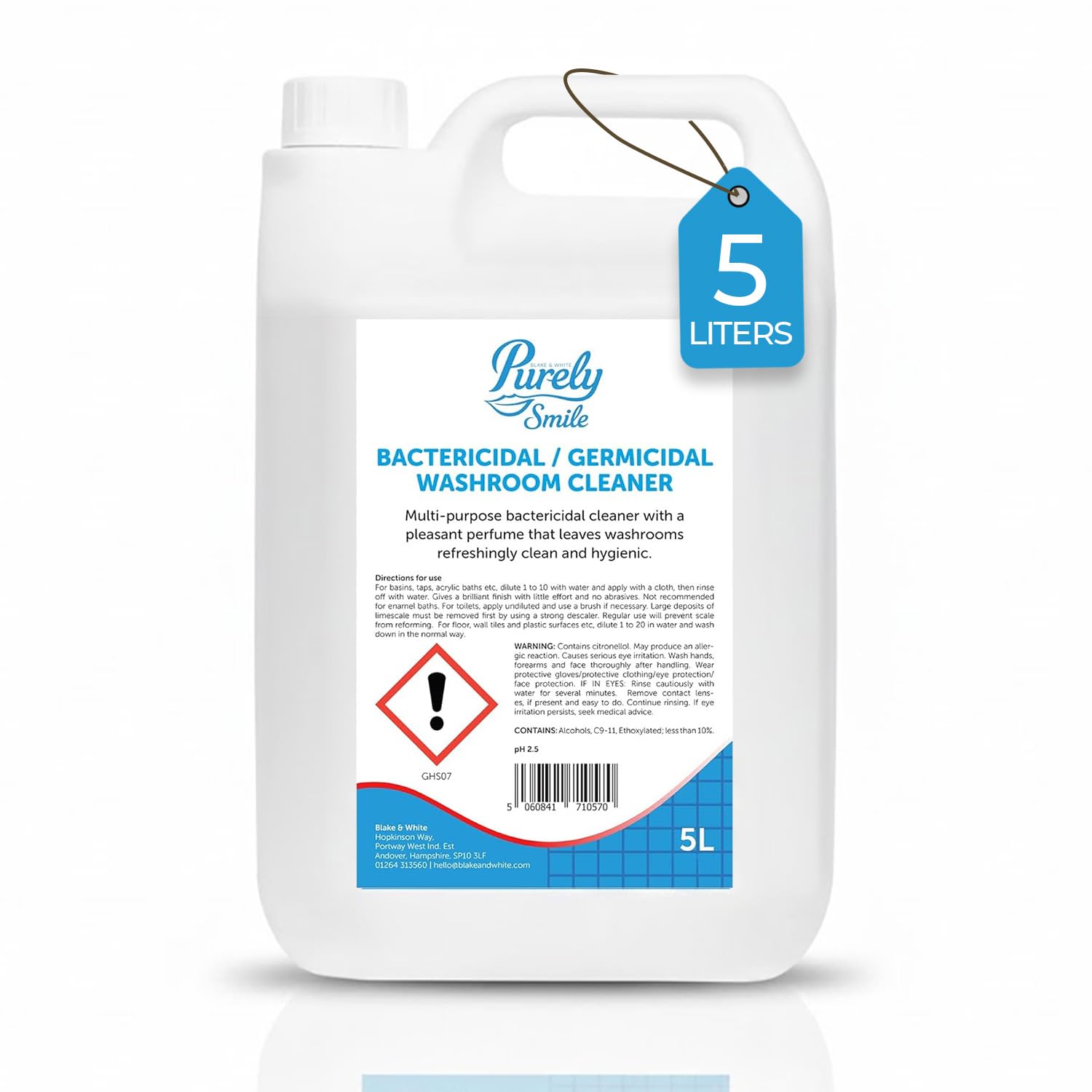 Blake & White Germicidal Washroom Cleaner Concentrate 5L - Purely Smile Bathroom Cleaner for Ceramic, Stainless steel & Non Porous Surfaces - Disinfectant Liquid for bacteria & Limescale - PS2005