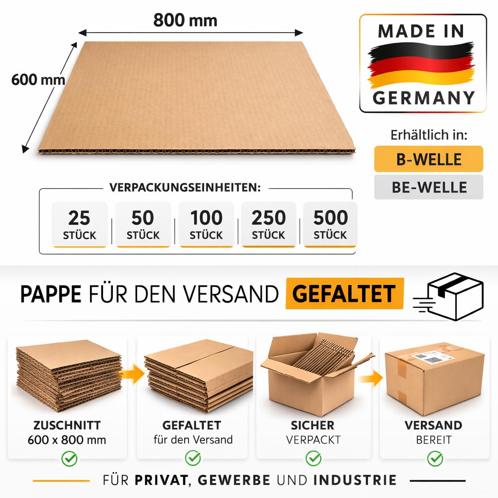 Paletten-Wellpapp Zuschnitt Karton Braun 600 mm x 800 mm verschiedene Ausführungen (1-Welle, 50)