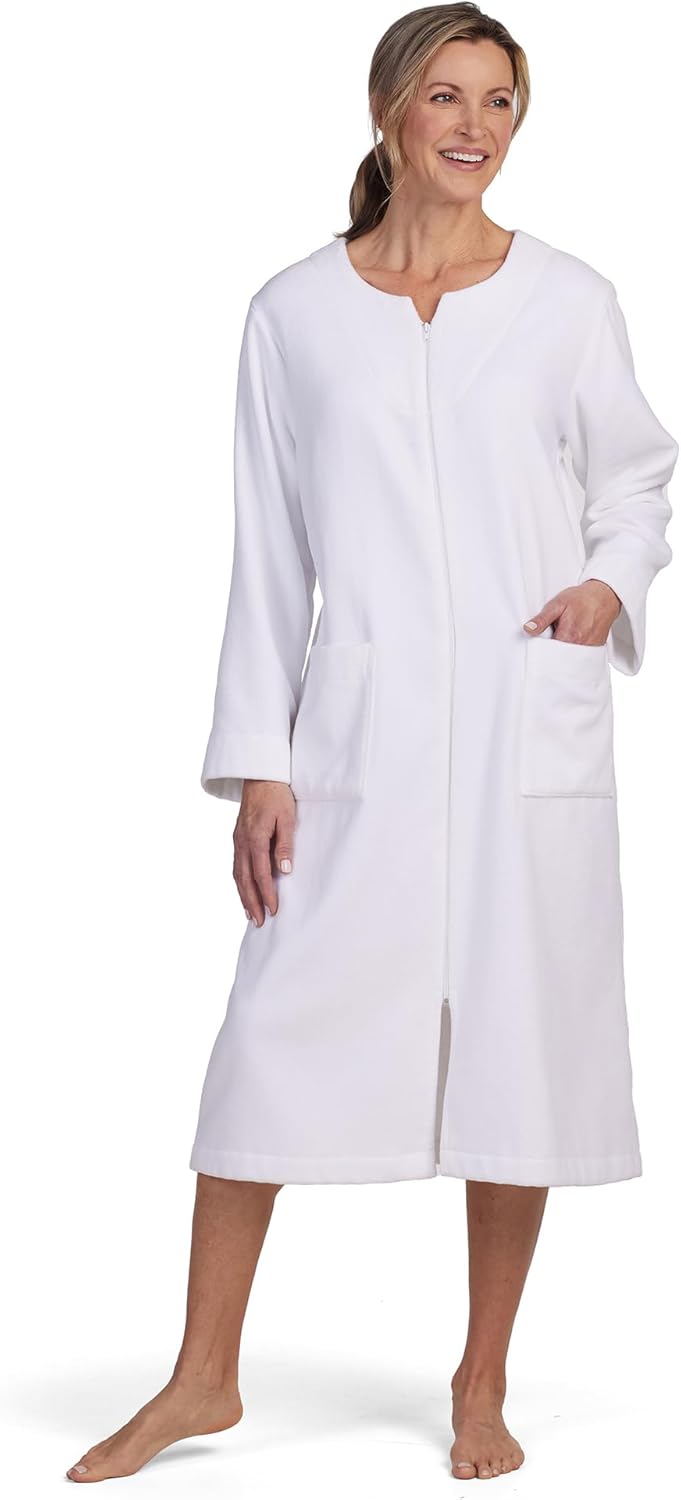 Miss Elaine Robe, Women's Terry Knit Long Robe, Long Sleeves and Pockets, Front Zipper, Sleepwear and Loungewear