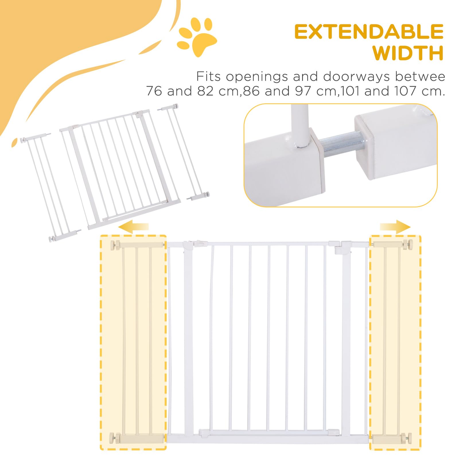 PawHut Ausziehbare Sicherheitsbarriere für Türen und Treppen Metallbarriere für Hunde und Babys Barriere für Haustiertüren 76-107x76 cm Weiß