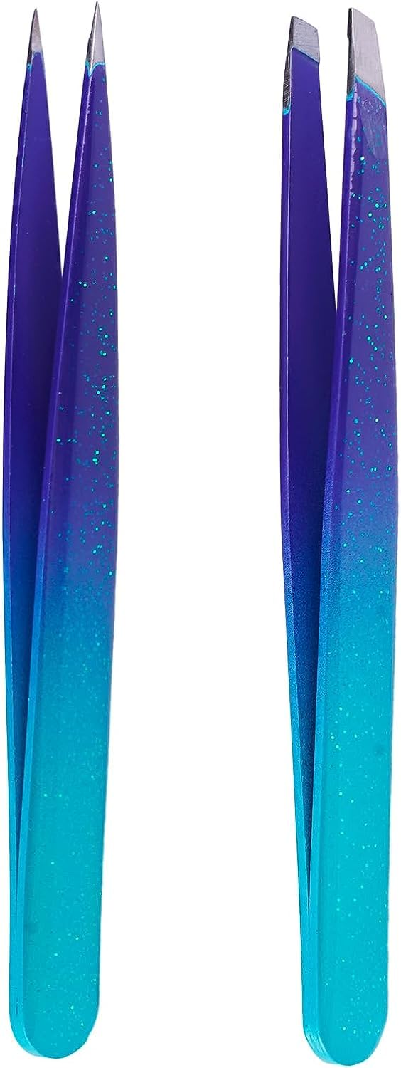Eyebrow Tweezers for Women and Men, Slant Tweezer, Professional Quality Stainless Steel, Removes Hairs Accurately, Exclusive starry sky Blue Stocking Stuffer Gifts for Women (2 Pack)