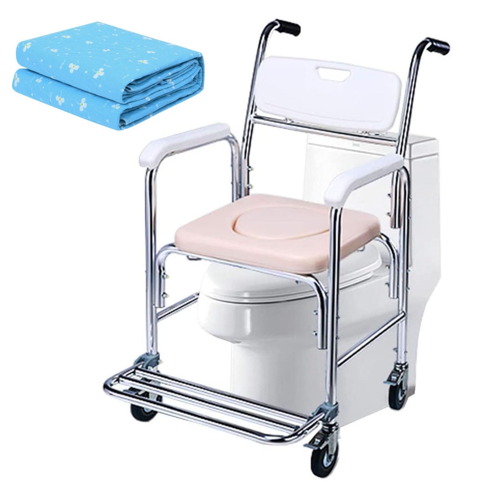 Silla de ducha con ruedas, silla móvil para personas mayores y discapacitados, asiento de orinal extraíble, ideal para uso en baño e inodoro, diseño resistente