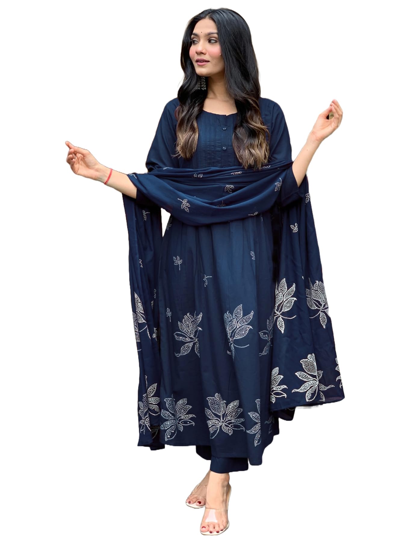 GoSriKi Women's Rayon Blend Anarkali Printed Kurta with Pant & Dupatta | Ethnic Kurta Pant Dupatta Set for Women | Traditional Indian Wear Outfit