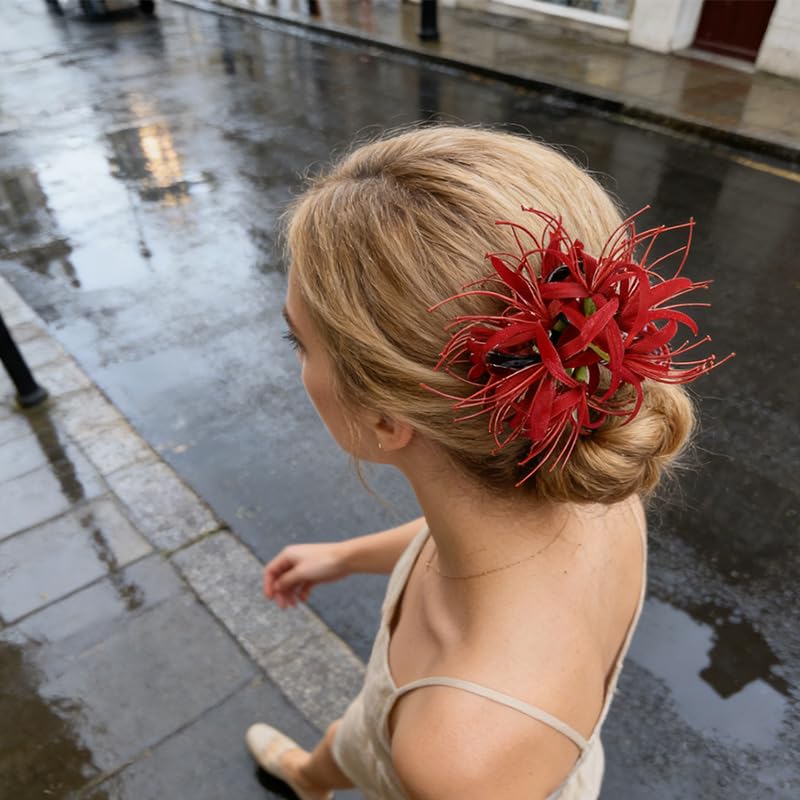Image of Spider Lily Hair Claw Clips,Large Red Flower Hair Clips for Women,Non-Slip Hawaiian Beach Claw Clip for Thick Hair,﻿Realistic Flower Hair Accessories for Tea Party Bridal Wedding