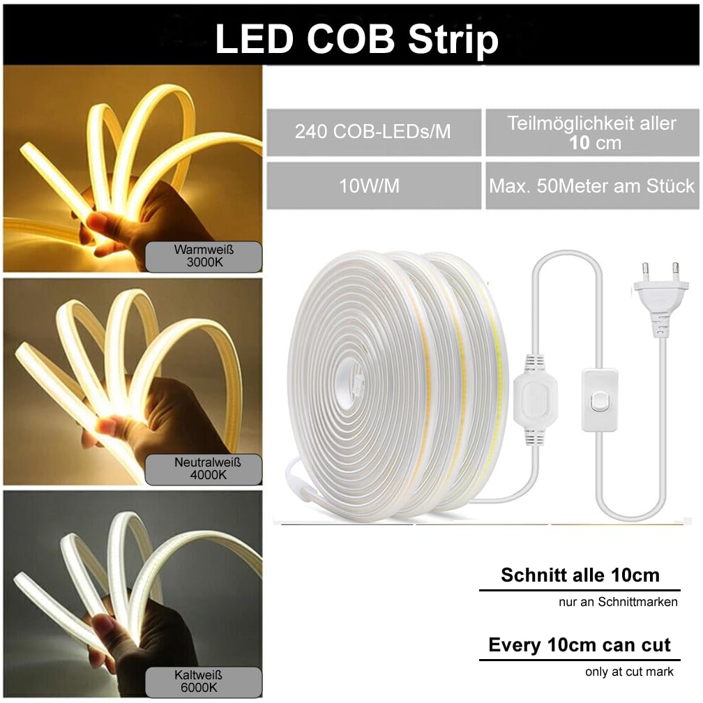 H+H Leipzig LED Strip Set – 230V, 120 LEDs/m, Kaltweiß 6000K, Mit Netzteil & Schalter – LED Lichtband Für Innenbereich, Einfach Anzubringen & Sofort Betriebsbereit