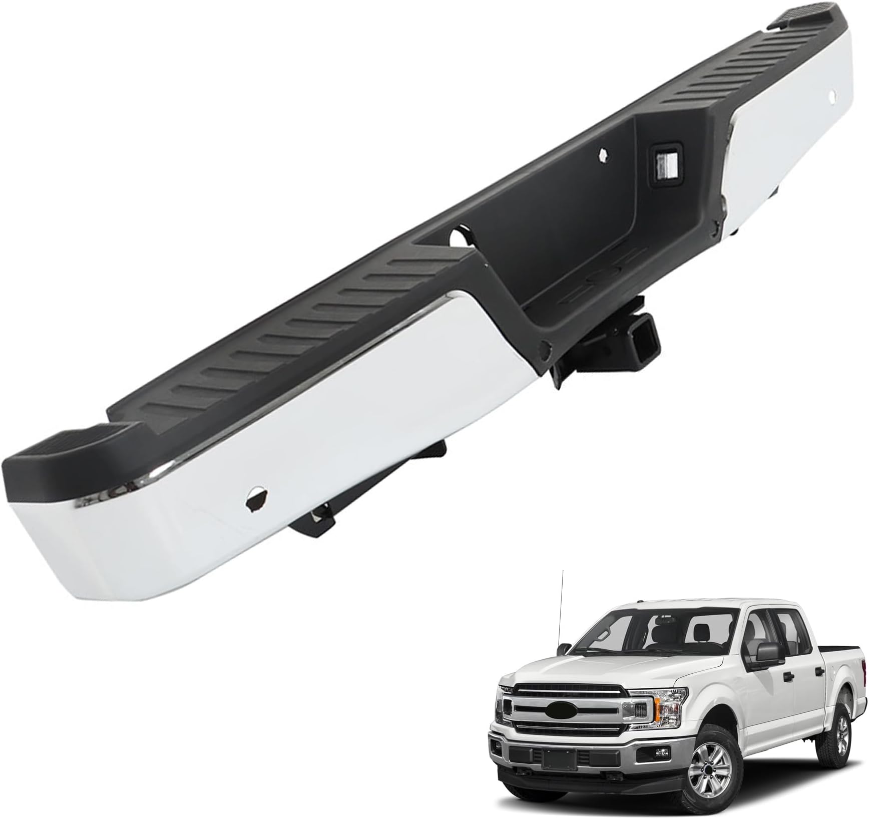 Rear Bumper Chrome Assembly with Heavy Duty Tow and Sensor Hole Replacement for 2015-2019 F150 Pickup 4-Door FO1103189 FO1102381 FO1106375