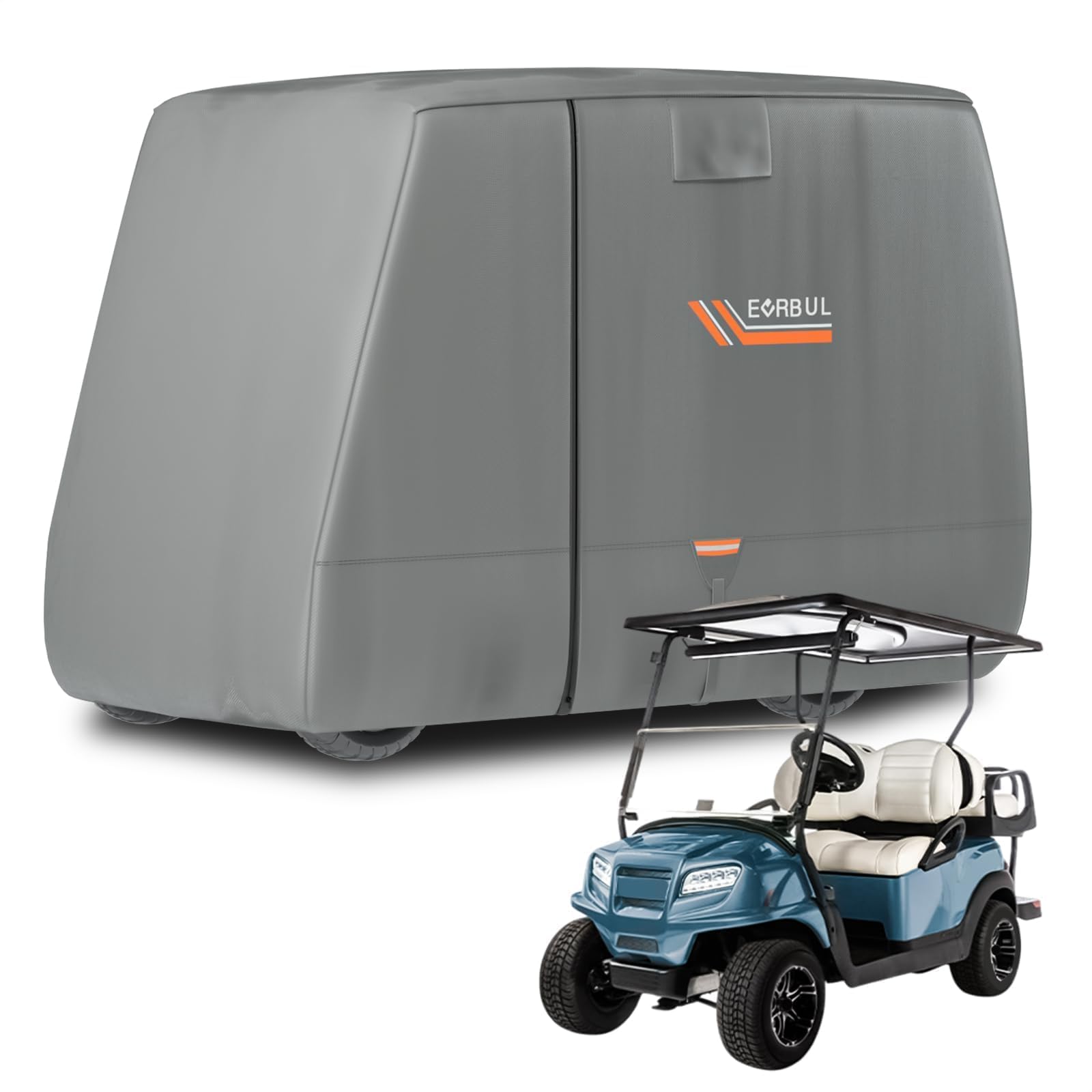 EVRBUL Funda para carrito de golf, resistente al agua, 420D, con tres puertas de cremallera, compatible con EZGO, Club Car, Yamaha 2/2+2 pasajeros, resistente al viento y al sol (gris)