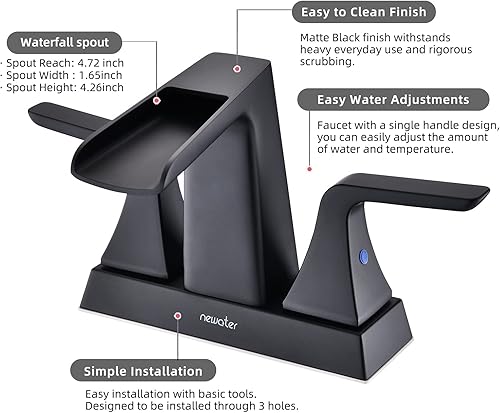 Miniatura 2 de newater - Grifos de baño en cascada para fregadero de 2 a 3 agujeros, grifo de lavabo de baño negro mate de 4 pulgadas con drenaje desplegable de