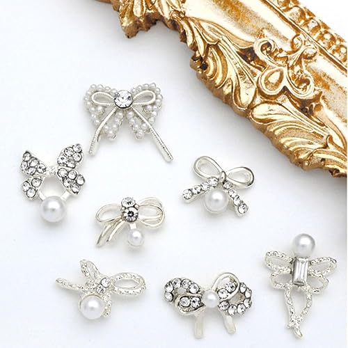 Miniatura 4 de 11 piezas de dijes de uñas de lazo plateado de estilos mixtos de lujo, diamantes de imitación de aleación de metal para uñas, dijes para uñas 3D