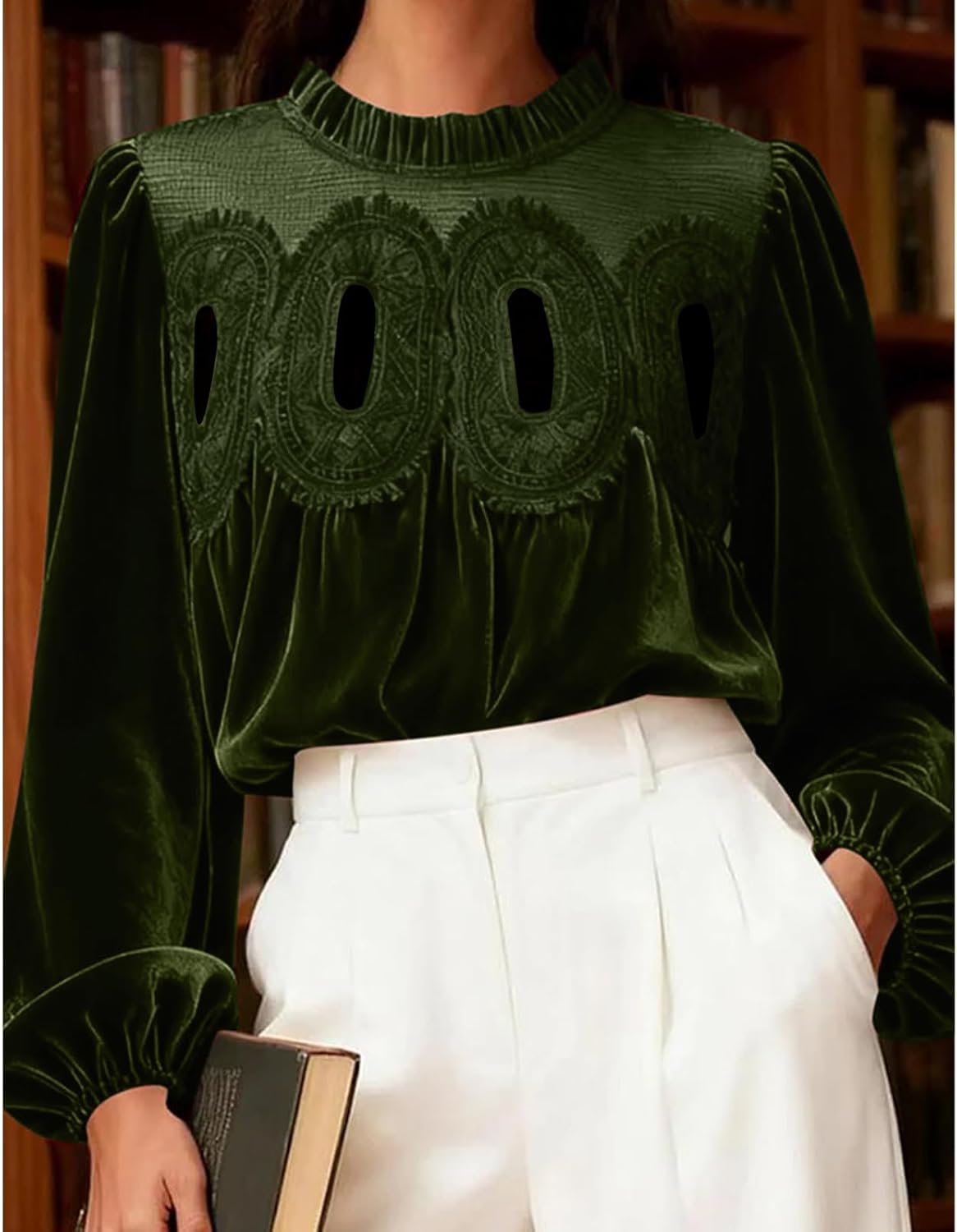 Women's Long Sleeve Velvet Tops Lace Trim Elegant Flared Swing Babydoll Blouses Shirts - Image 2