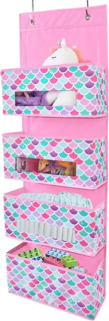 WERNNSAI Mermaid Over the Door Hanging Organizer - 4 Clear Window Pockets Organizer for Baby Girls Kids Toys Closet Diaper Behind Door Hanger Bedroom Storage Nursery Hanging Wall Organizer Decor