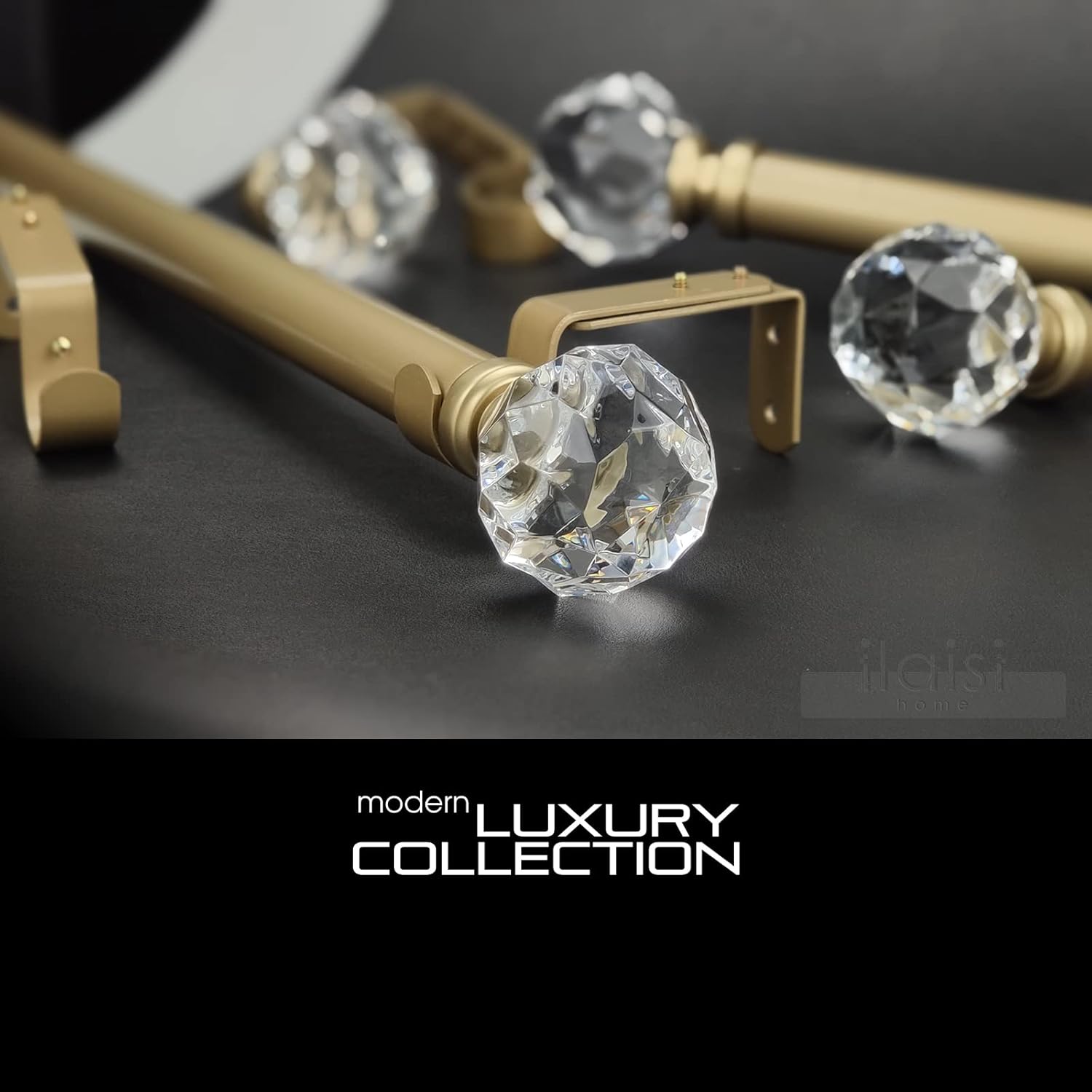 Luxury Gold Decorative Single Curtain Rod Set with Crystal-clear Faceted Finials, 72-144 in, Standard Single Drapery Rod for 1 Pack, 1-1/8 in diameter, Adjustable Length