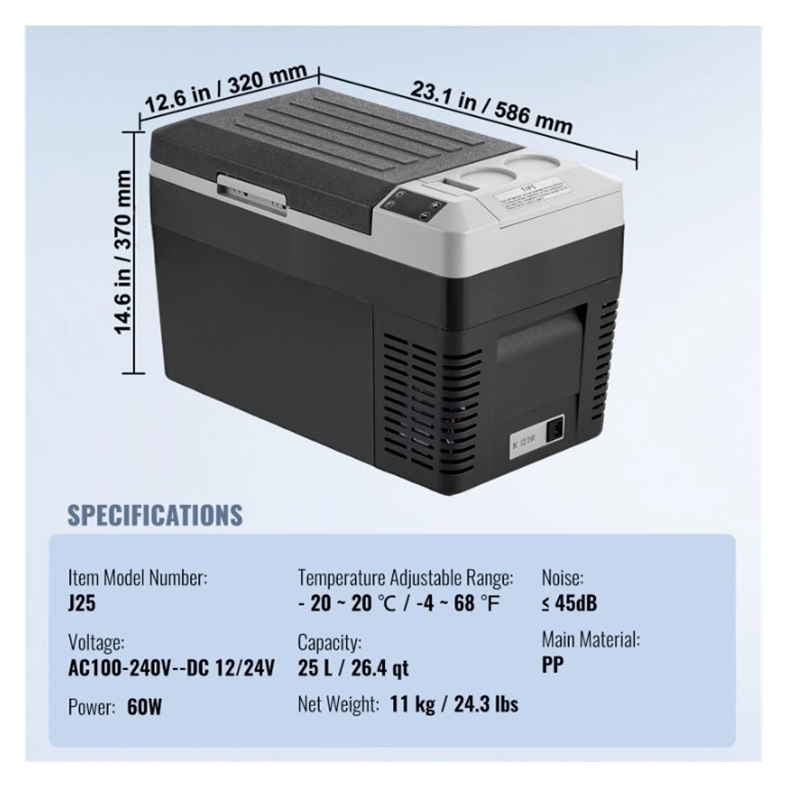 Refrigerador for Auto de 25L con reposabrazos, congelador de una Sola Zona, Rango Ajustable de -20 °C a 20 °C, 12/24 V CC y Enfriador de Hielo.