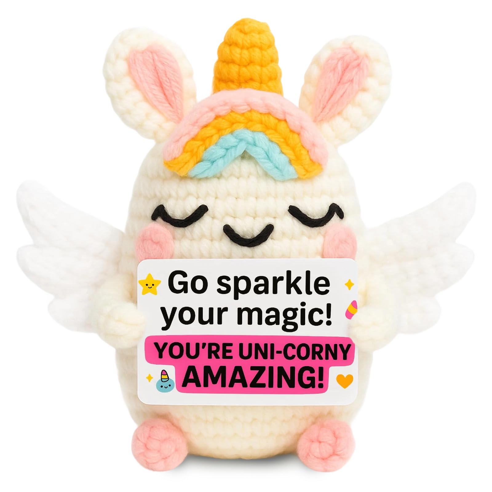Qubitly Positive Crochet Teckel, Brown Handmade Weiner Dog, Yarn & Cotton Stuffed Animal, Positive Crochet Animals, Emotional Support Dog, Dachshund Gifts (Positive Unicorn)