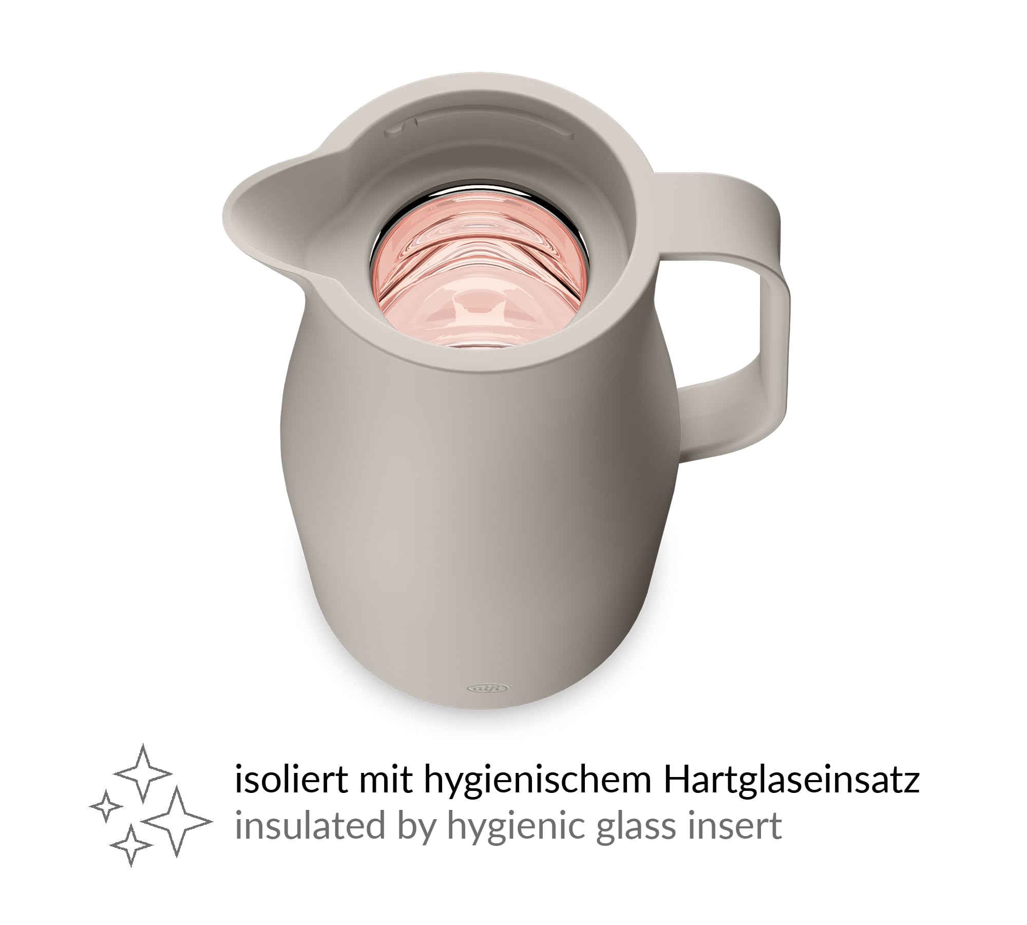 alfi ECONSCIOUS - Jarra térmica (1,0 l, con cristal templado higiénico, cierre de rosca con botón de presión, verter con una mano, ideal como cafetera, tetera y tetera, 1,0 l), color beige | Termo frío 24 h para café y té, tapa de rosca con botón pulsador