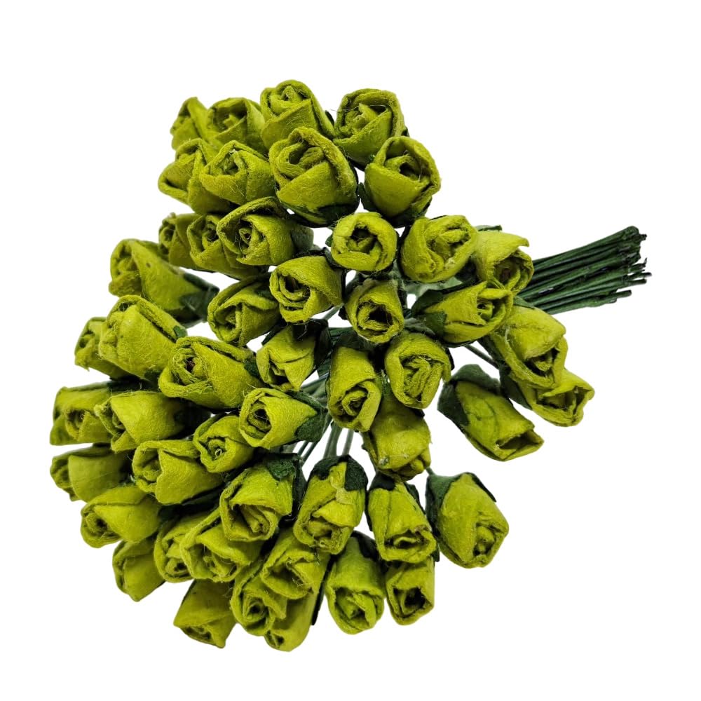ChangThai DesignTiny ¼ Inch Diameter Green Rosebud Paper Rose 50 Pieces Bunch of Flowers for Scrapbook Craft Mulberry Paper Mini Artificial Flower Card Wedding Dollhouse Décor