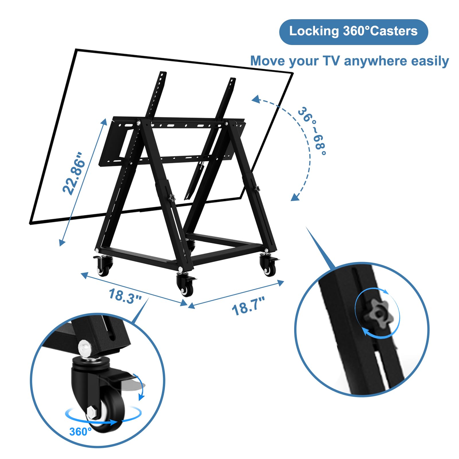 Support TV mobile à faible hauteur, support TV bas avec roulettes pour TV de 26 à 65 pouces, hauteur réglable, angle de vision réglable de 36° à 68°, max 50 kg, VESA 600×500, support moniteur