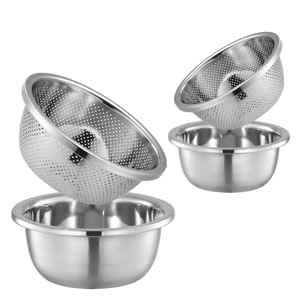 Juego de 4 cuencos de acero inoxidable y coladores microporosos, cuencos anidables de 3 cuartos y 5 cuartos de galón con coladores de drenaje fino para lavar arroz, frutas, verduras, pasta y más