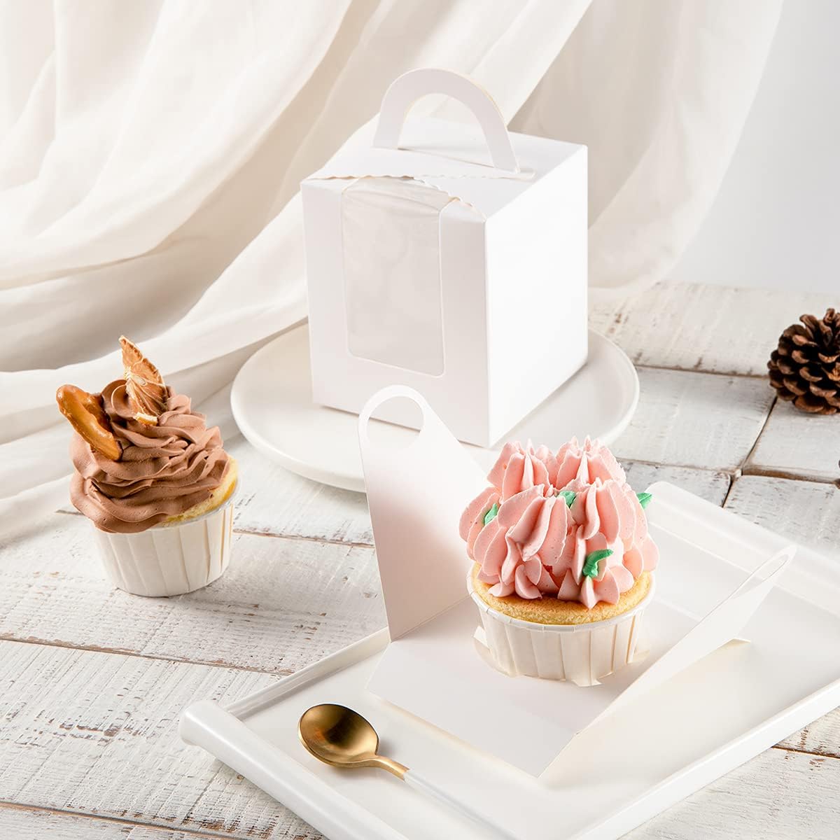 Cupcake Boxes,RetroLeo Cupcake Carriers Individual Containers With Handle And Window (CB002 White, 24)