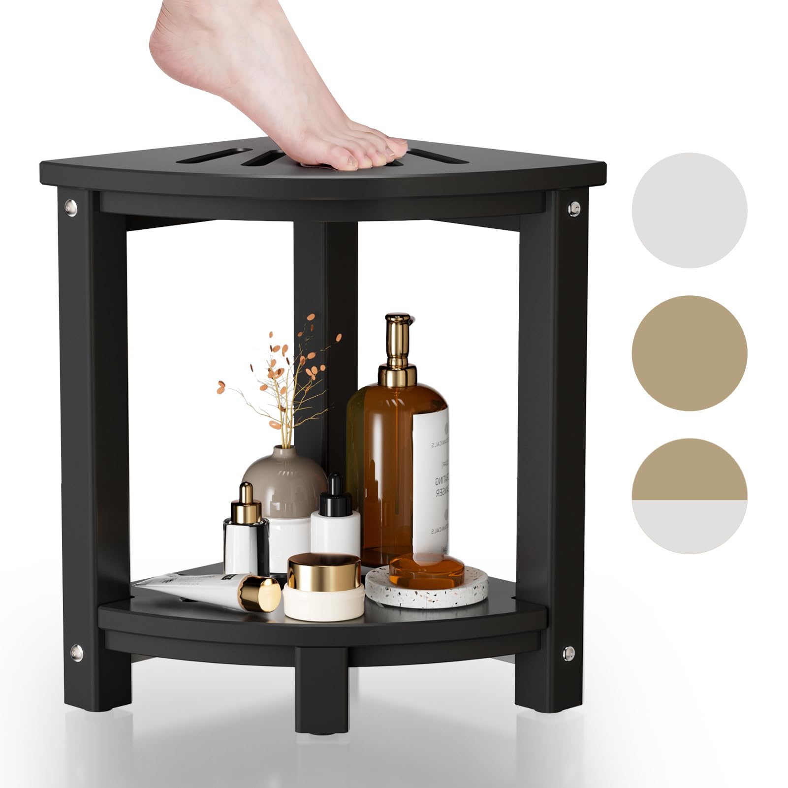 Ciokea Corner Shower Stool, HDPE Waterproof Bench Seat, Sturdy Bath Foot Stool for Shaving Legs with Storage Shelf, Black
