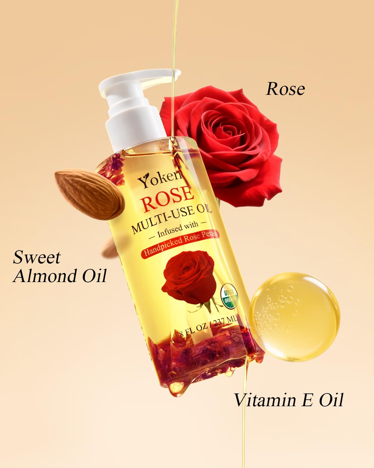 Multi-Used Body Oil For Skin USDA Certified,Face,Hair and Nails,Multi Purpose Organic oil With Rose Petals,Vitamin E & Almond Oil Nourishing & Hydrating ,Body Oil for Moisture & Skin After Bath Oil - Image 2