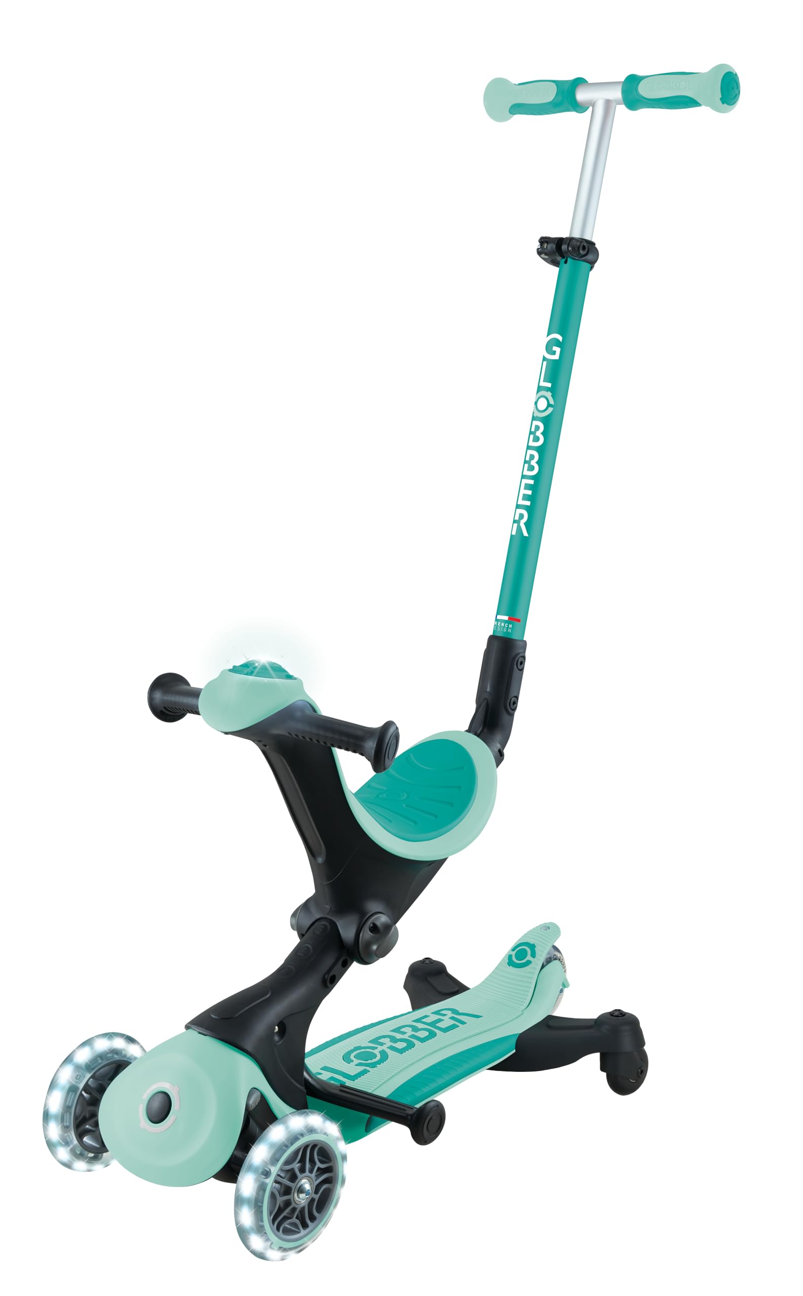 GLOBBER GO-UP Deluxe Lights 360 Roue de siège 3 en 1 avec roues LED, 120/80 mm, réglable, 3 roues, menthe