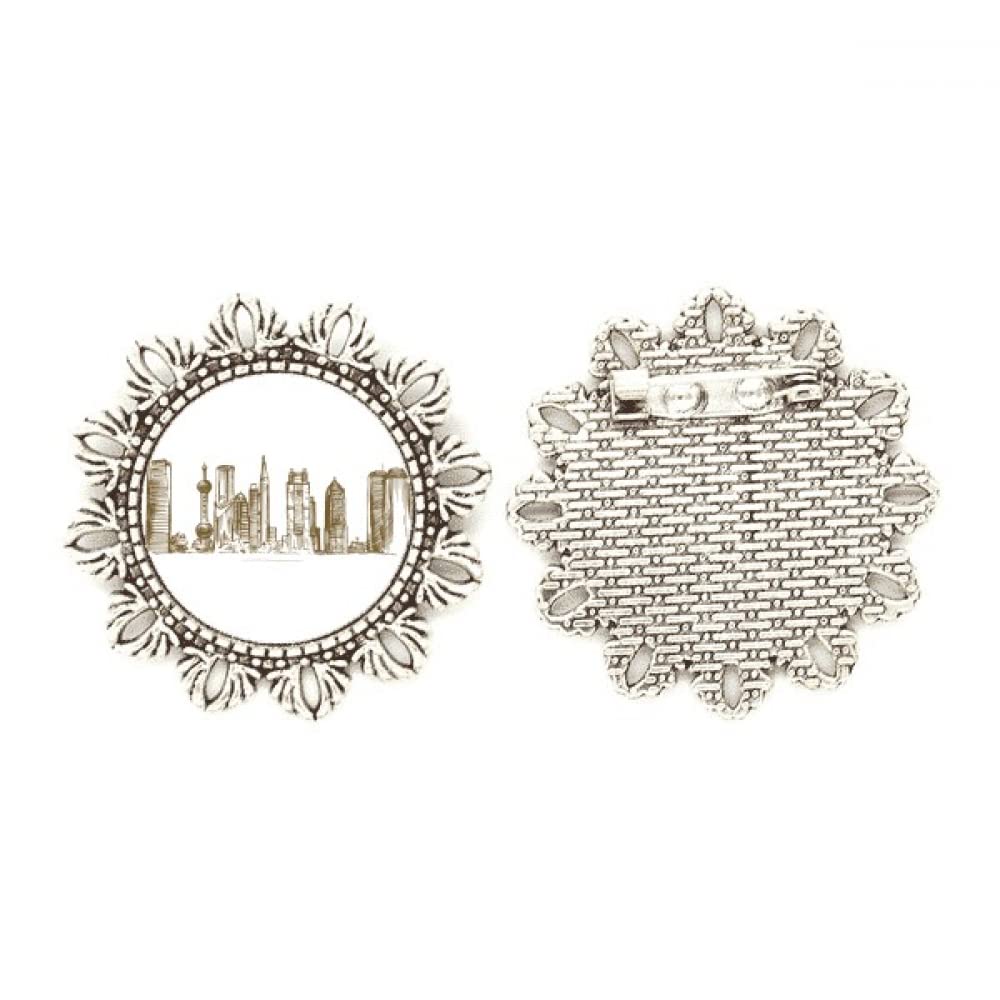 Shanghai China Landmark Sketch Silver Flower Brooch Hook Pin Breastpin