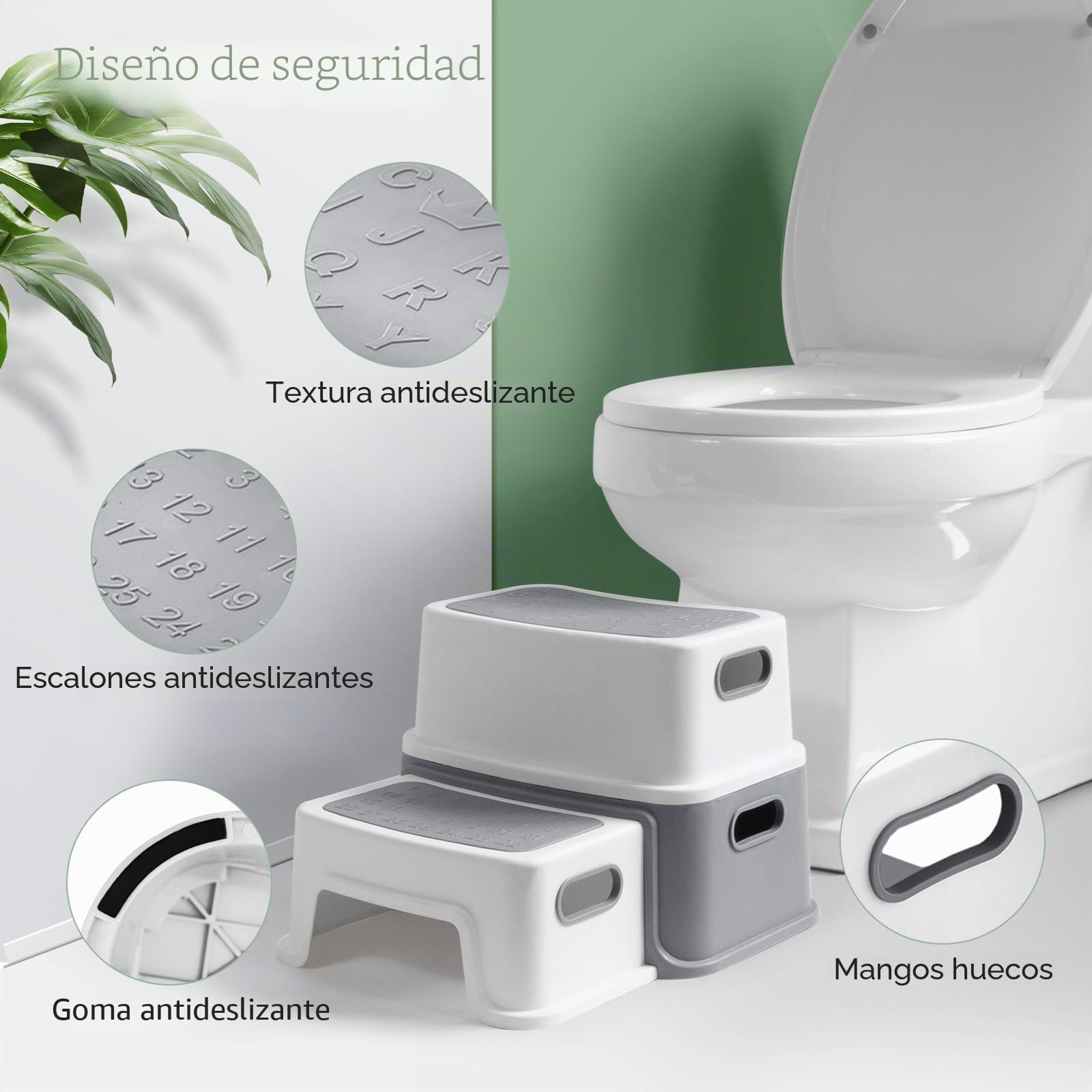 DEANIC Taburete Baño Niños Escalon Infantil 2 Peldaños 30x37.5x25cm Antideslizante Gris