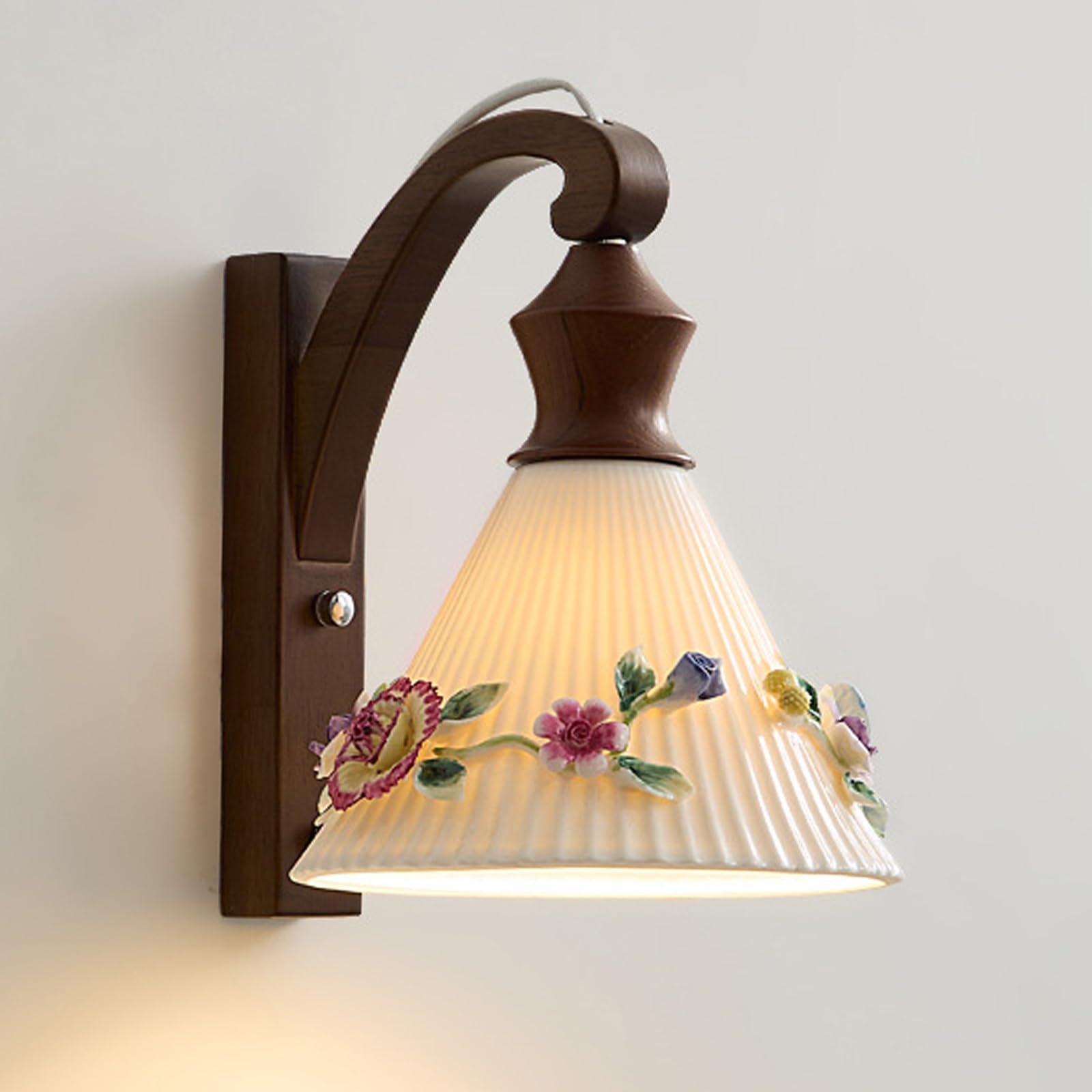 SXWNBIFH Ceramic Wall Lamp Wood Base Wall Mount Light Modern 3D Flower Ceramic Wall Lamp Hardwired Sconces E27 Wall Lighting Fixture for Bedroom Living Room Hotel