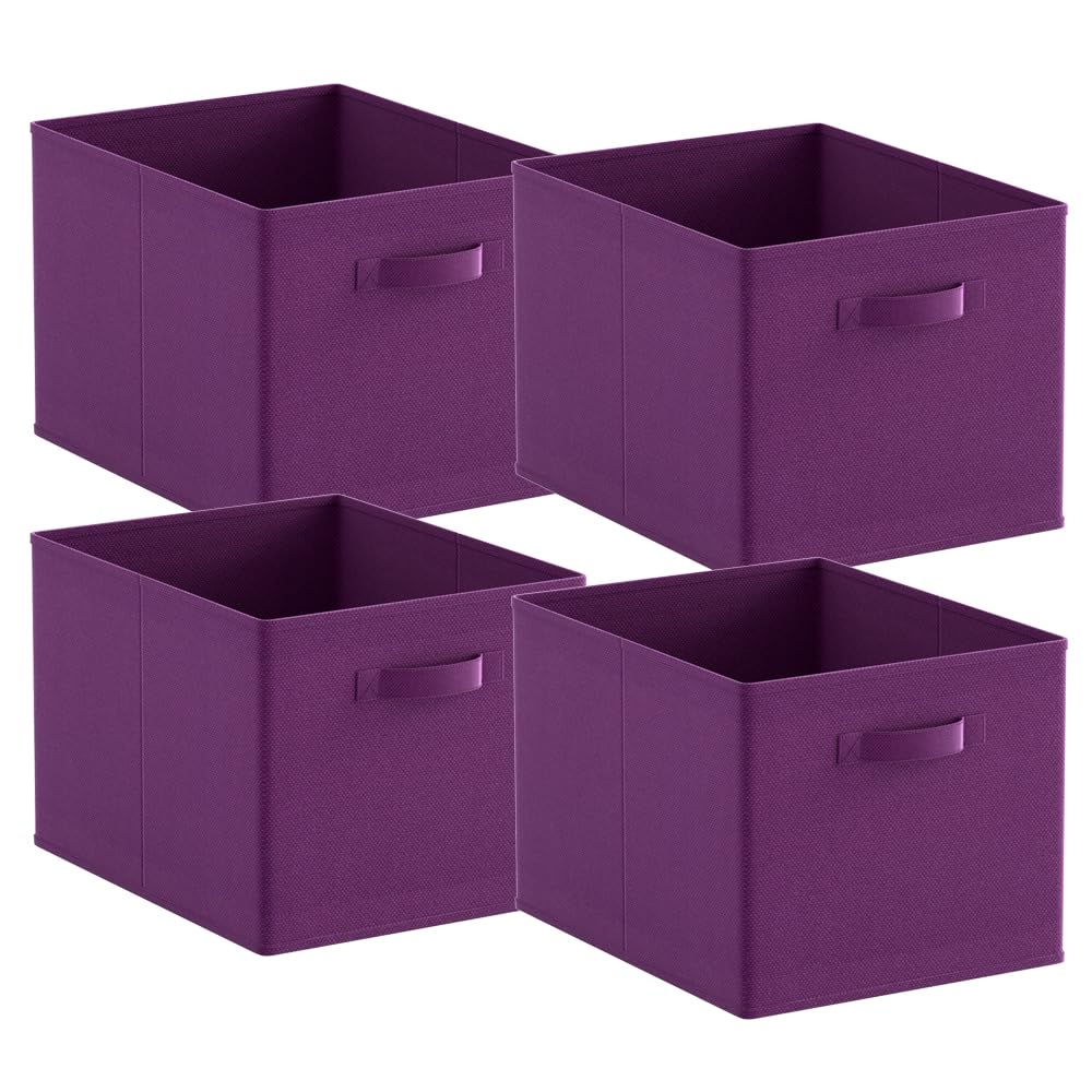 BonChoice Foldable Storage Cubes Boxes Pack of 4 with Handle for Home Organization, Fabric Wardrobe Storage Box Organizer Basket Bins for Clothes Toys Towels, Collapsible&Durable Purple