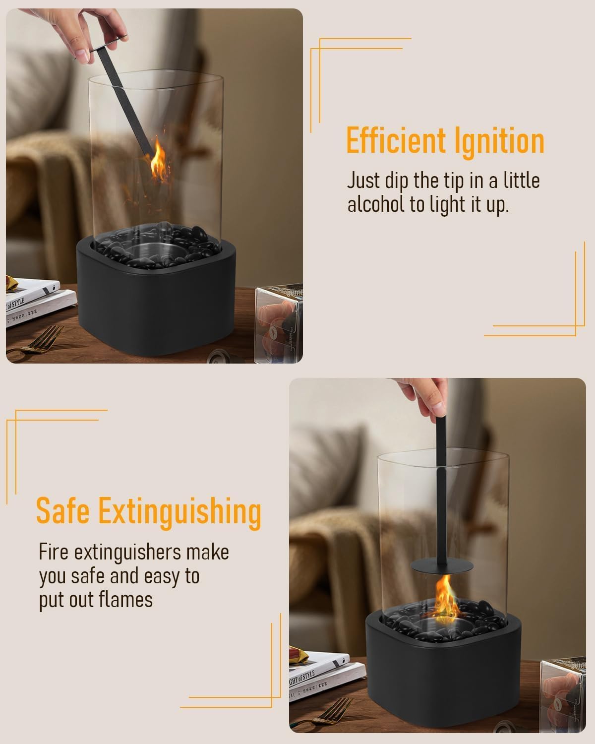 Tischkamin mit 2 Farben Deko Steinenmit, Tischfeuer für Indoor & Outdoor 4h Brenndauer - Verstellbare Flamme, Bio-Ethanol Kamin für Abendessen,Party,Balkon - schaffen Sie eine angenehme Atmosphäre
