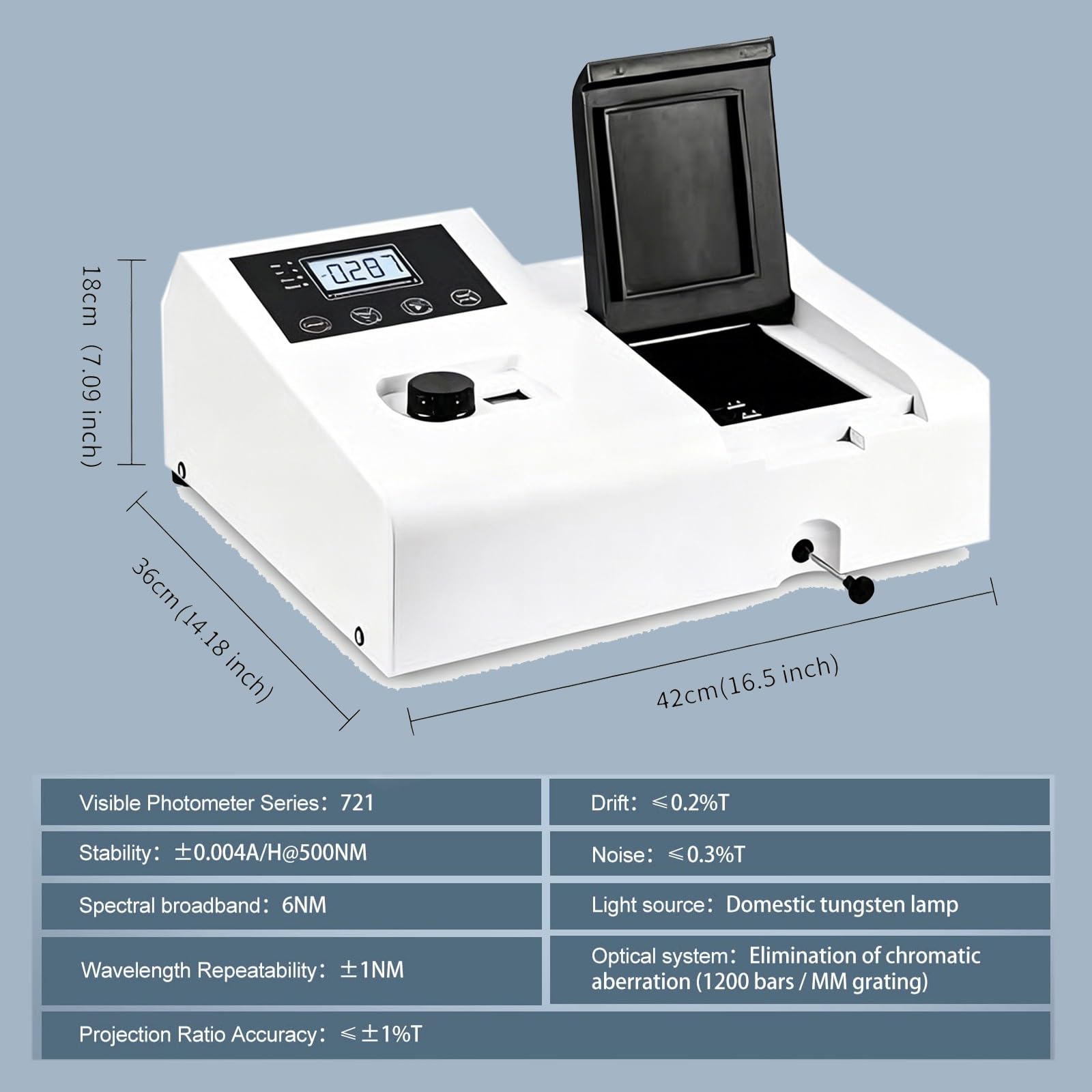 Espectrofotómetro óptico, con puerta de luz automática y perilla de ajuste de longitud de onda, for pruebas de alimentos, exploración geológica y laboratorios químicos