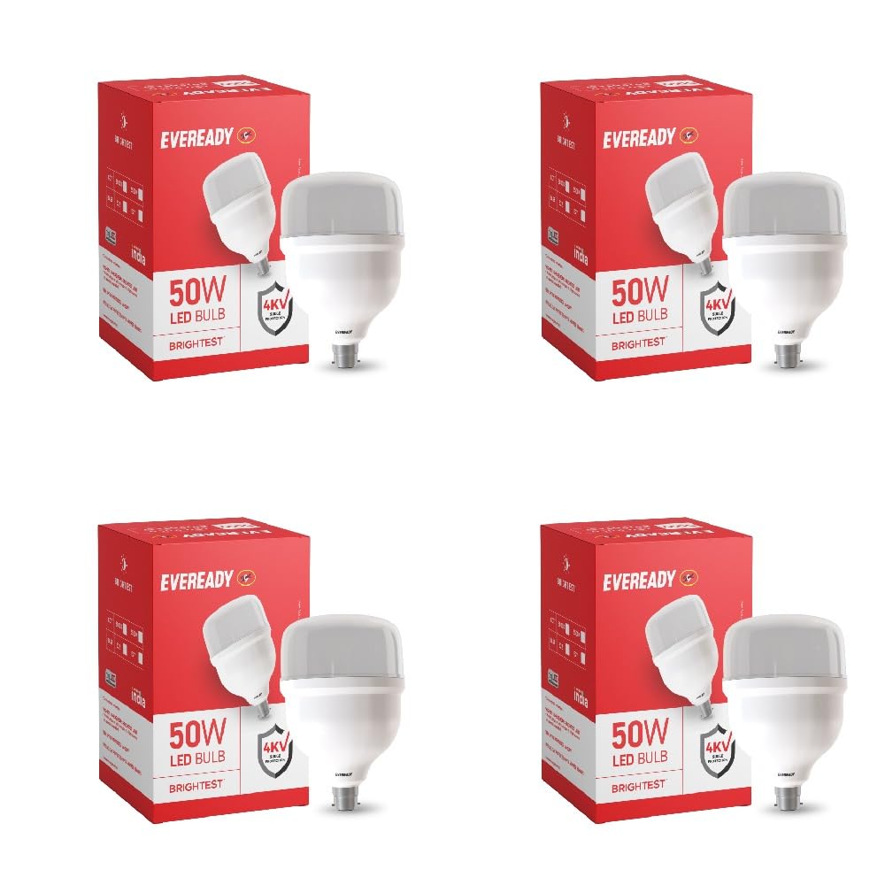 Eveready 50W LED Hammer Bulb | High CRI & High Efficiency | Energy Efficient | Mercury-Free | 4KV Surge Protection | 100 Lumens Per Watt |Cool Day Light (6500K) b22d (Pack of 4)