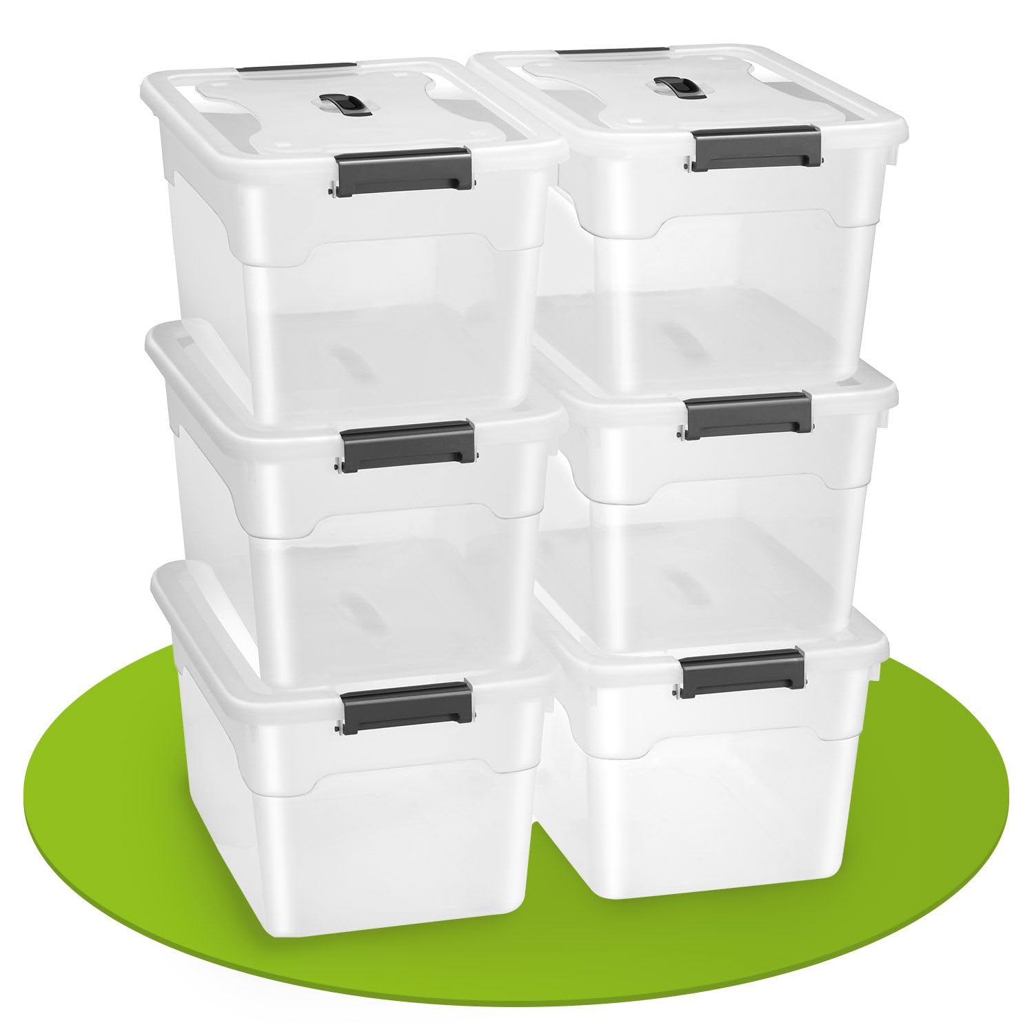 Juskys Boîte de rangement avec couvercle - ensemble de 6 boîtes en plastique de 30 l - grande boîte, empilable, transparente - rangement système de rangement boîtes de rangement