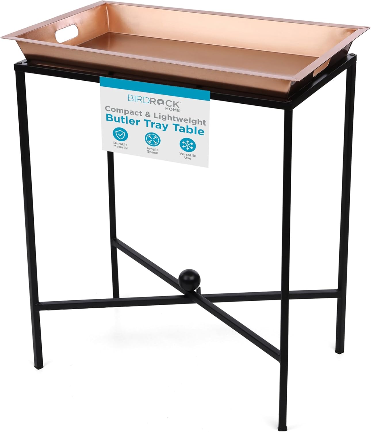 BIRDROCK HOME Butler Tray Table with Removable Top - Large Rectangle Metal Stand for Dessert, Appetizer, Food Platters, Entertaining - Ideal for Party, Buffet, Brunch - Black Iron Stand - Copper 25"