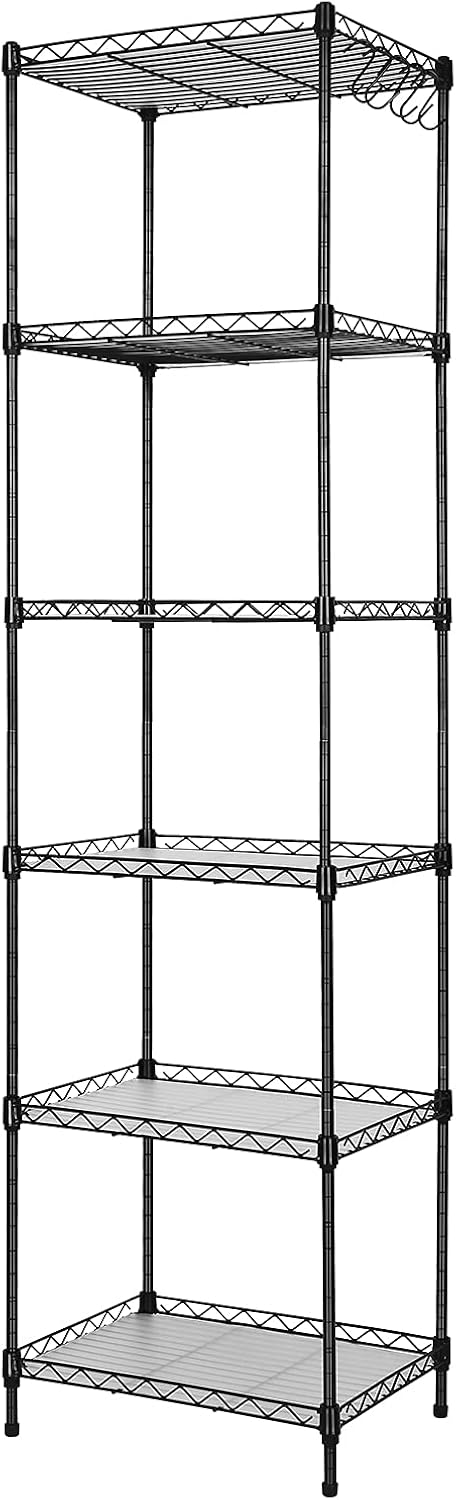 ELYKEN 6 Tier Metal Pantry Wire Shelving Unit with 5 PP Sheets, 15.7 x 11.8 x 59.1 Inches, Rack Shelf for Laundry Bathroom Kitchen Closet, 5 Removable Hooks, Black