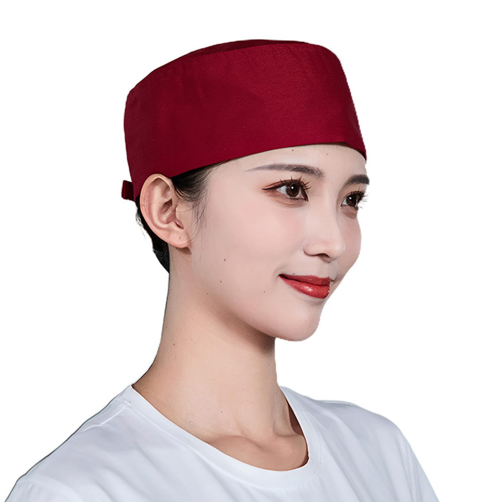 Micfeny Wine Red Classical Adjustable Work Caps Chefs Hat For Hotel Staff And Restaurant Service Breathable Flat Hats For Sushi Waiter