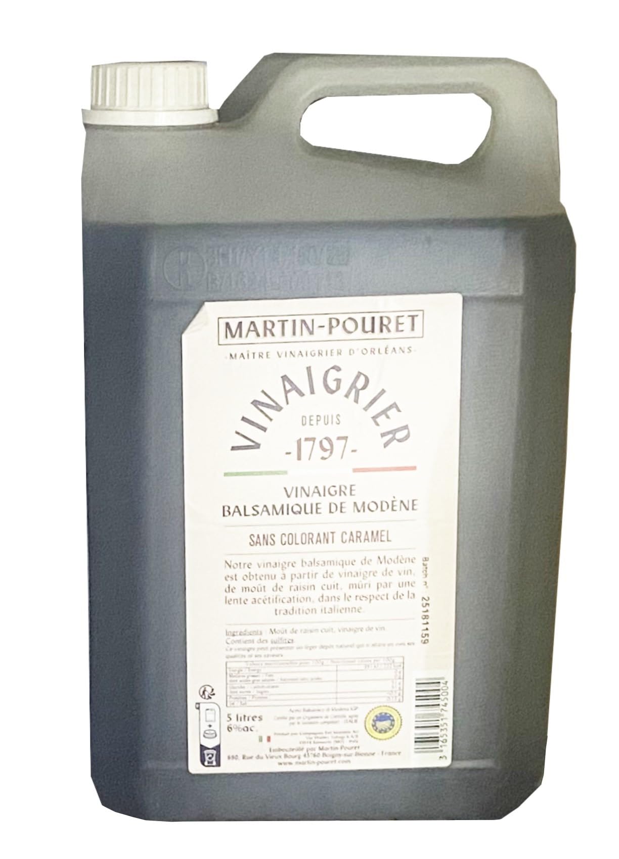 MARTIN POURET Vinaigre de Vin Rouge, de Vin Blanc, Balsamique de Modene 5L/Bidon - Livraison Gratuite France (Vinaigre balsamique de Modene, 1 bidon)