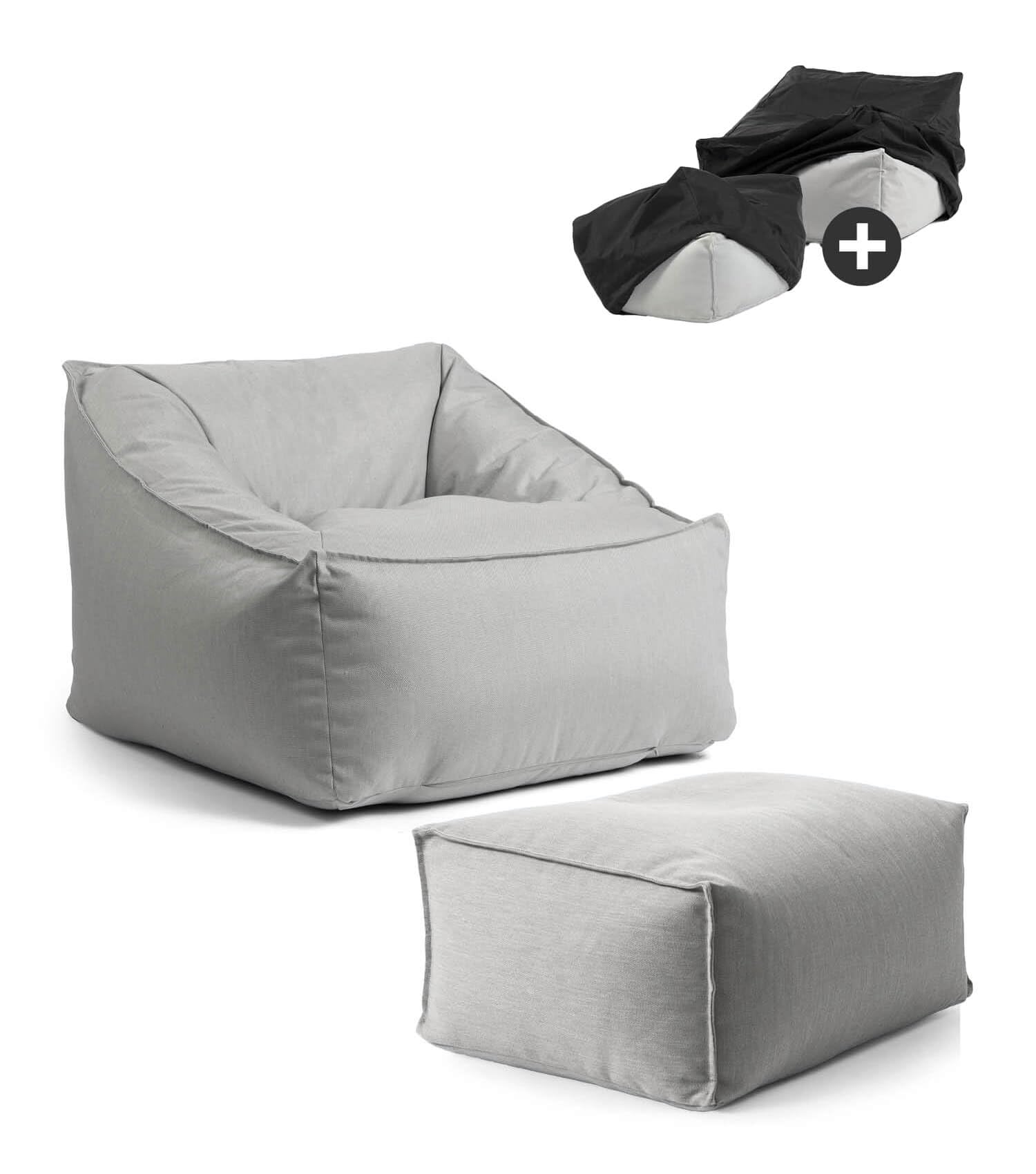 mokebo Gartensessel mit Hocker & Schutzhülle 'Der Sunnyboy' Made in Germany, Outdoor Sitzsack, Bean Bag mit Füllung, als Liegekissen, Gartenliege, Relaxliege, Bodenkissen oder Liege in Lichtgrau