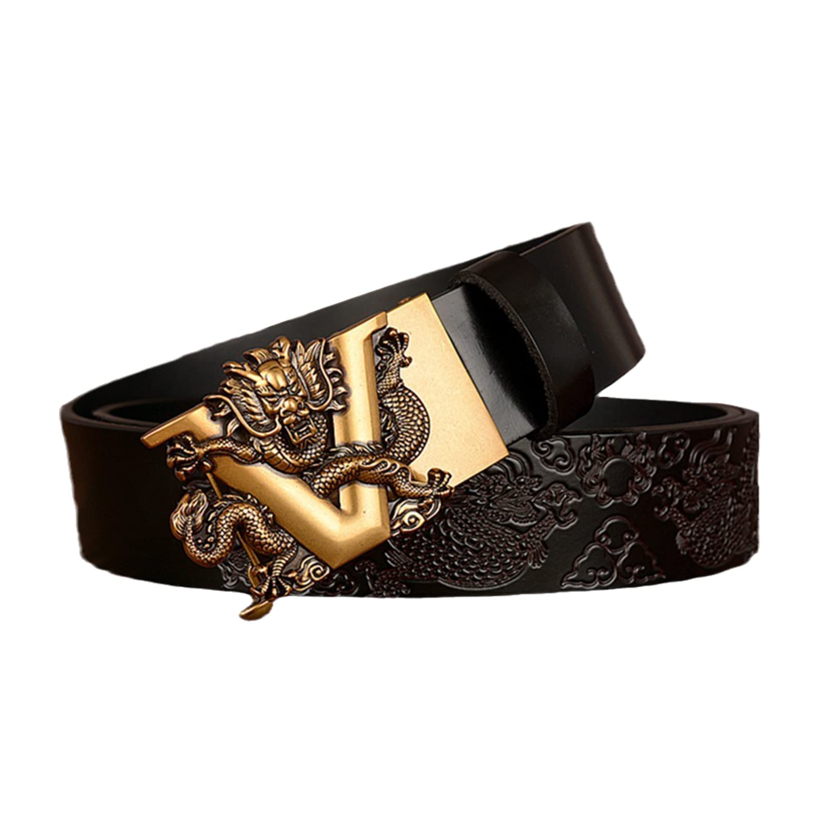 Cinturón De Trinquete Cuero Genuino For Hombre, Elegante Hebilla Metálica Con Dragón 3D, Automático Y Deslizante, 35 Mm Ancho, For Trajes Vestir Vaqueros Informales