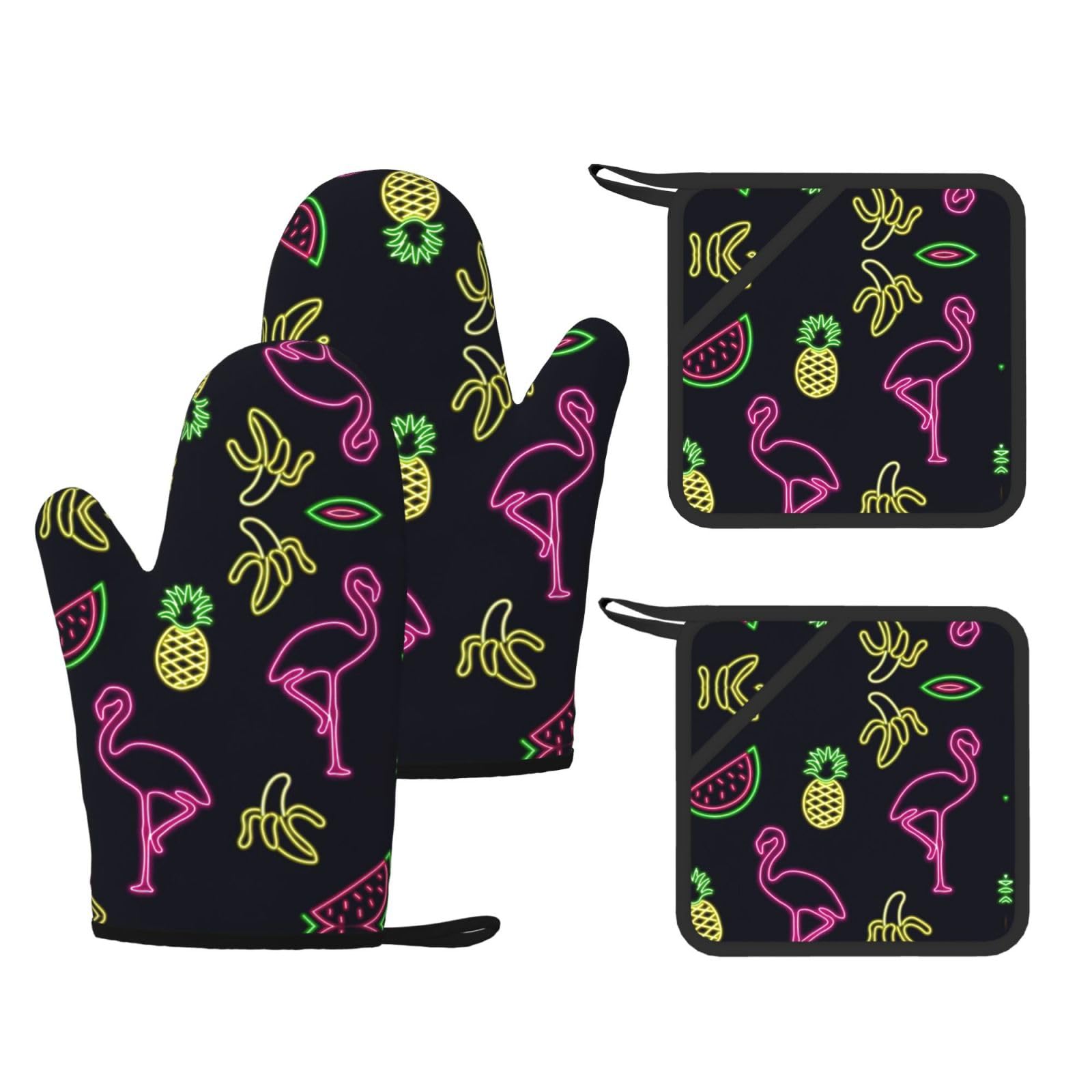 Pineapple Banana Flamingo Printed Oven Gloves and Hot Pads Set of 4, High Heat Resistant Silicone Mitts for Cooking BBQ