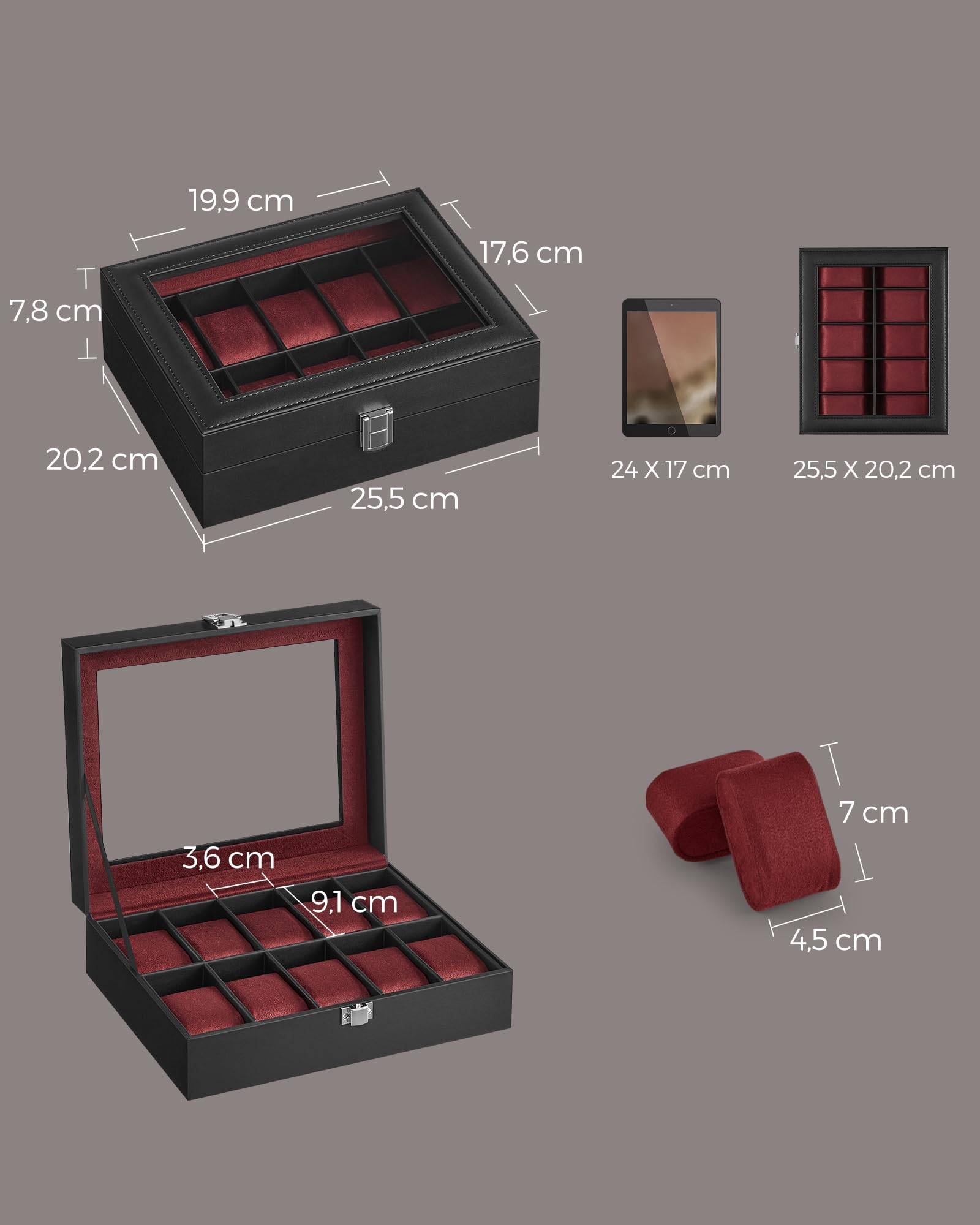 SONGMICS Scatola per orologi con 10 scomparti, custodia per orologi con coperchio in vetro, scatola per esposizione orologi con cuscini rimovibili, chiusura in metallo, idea regalo, pelle sintetica